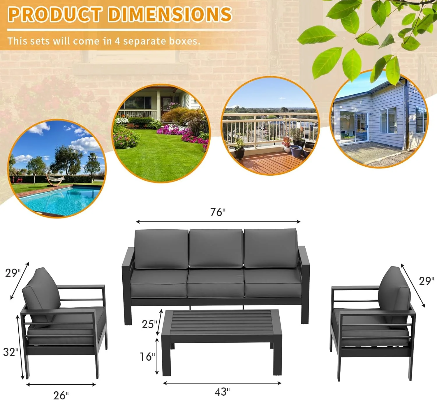 Poteban Aluminum Patio Furniture,Outdoor Metal Sectional Sofa with Table and Waterproof Covers,Grey Modern Patio Furniture Set for Garden Backyard (6-Piece)