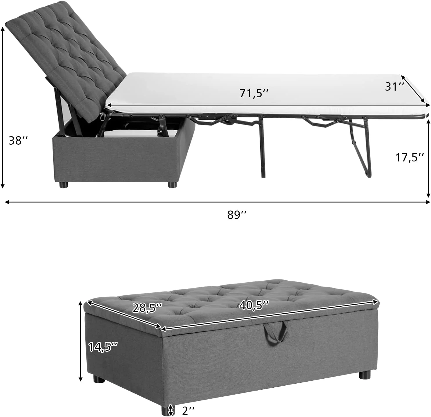 Ottoman Folding Bed, Fold Out Sleeper Bed with Mattress, Convertible Chair into Sofa Bed, Couch Sleeper w/Steel Frame, Dual Use Guest Bed Lounge Bed, Living Room Bedroom Office (Grey)