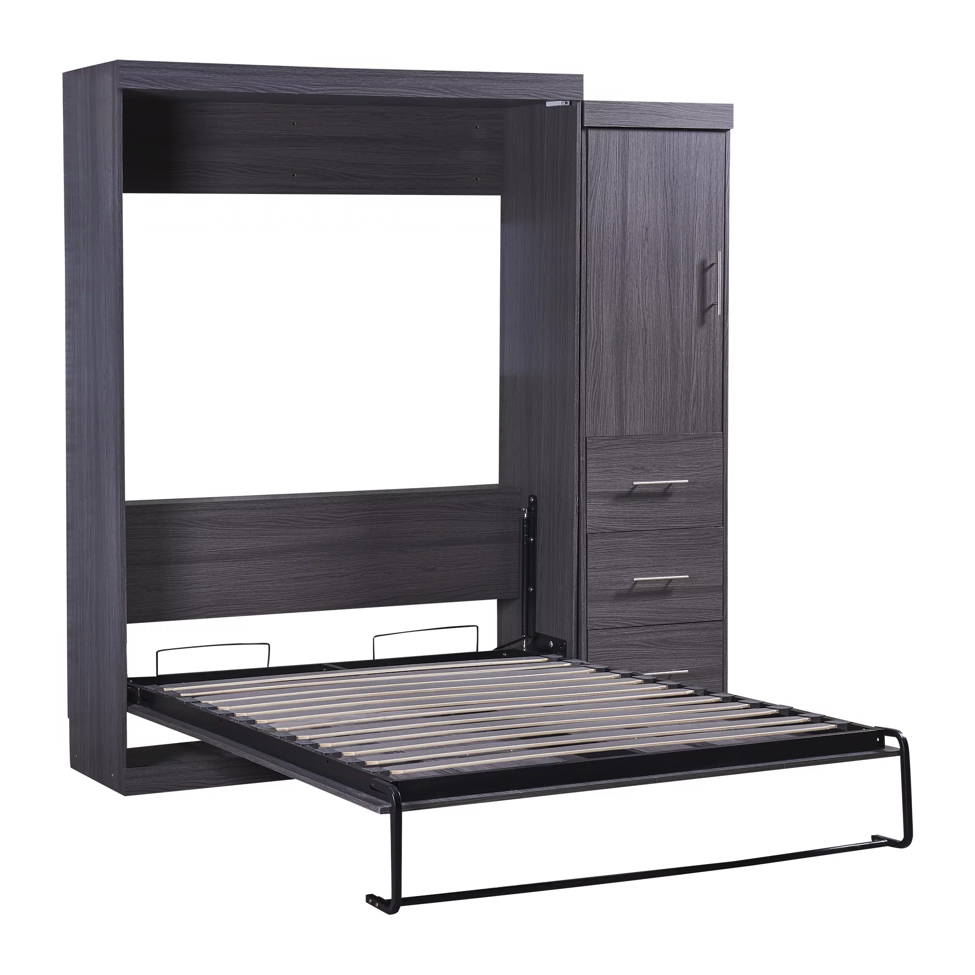 Euroco Wood Full Size Murphy Wall Bed with Wardrobe and Drawers for Living Room, Moveable Wardrobe and Drawers, Space-Saving & Easy Open and Close, Gray