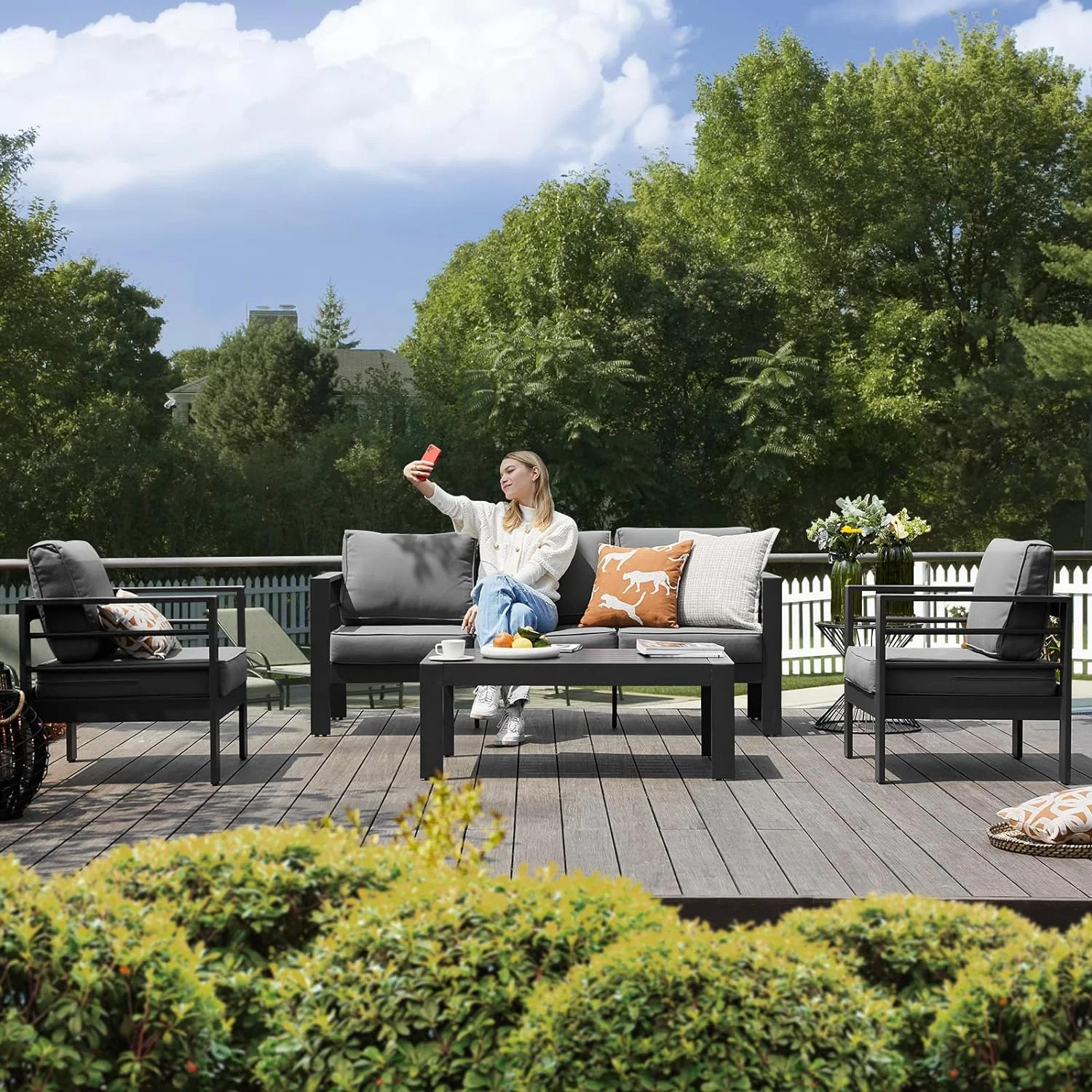 Poteban Aluminum Patio Furniture,Outdoor Metal Sectional Sofa with Table and Waterproof Covers,Grey Modern Patio Furniture Set for Garden Backyard (6-Piece)