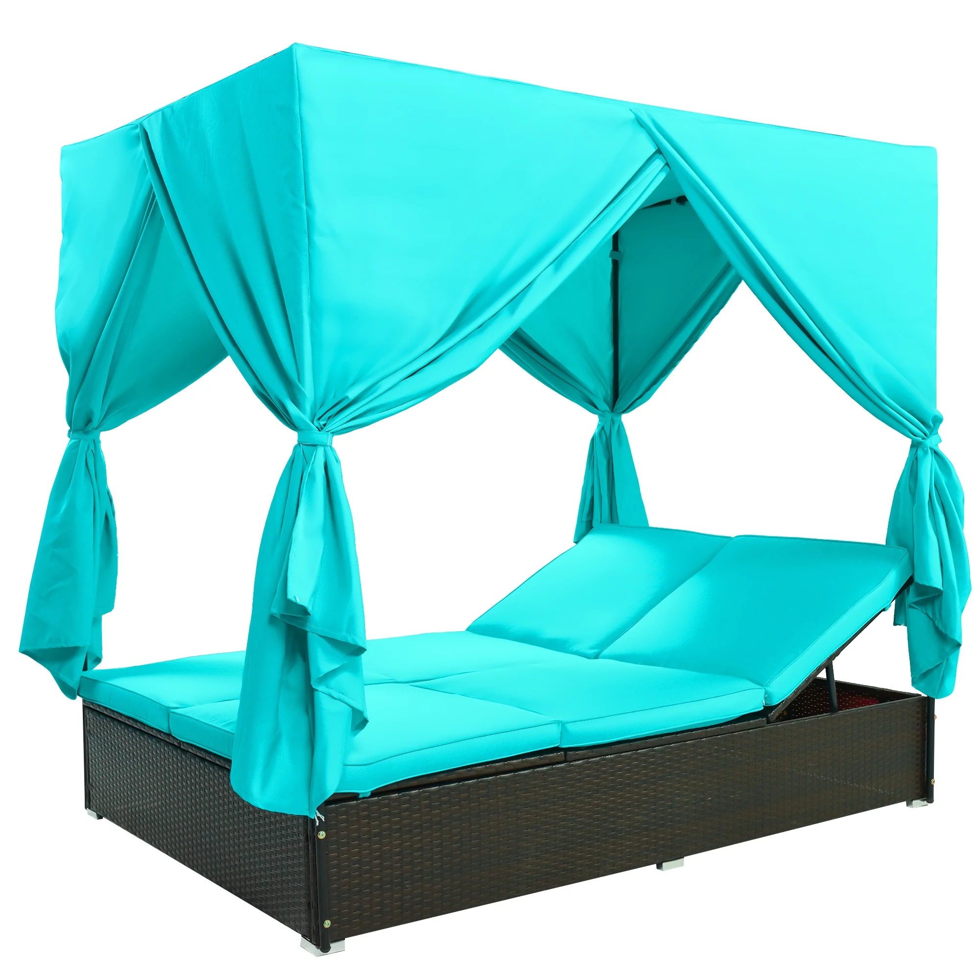 uhomepro Pool Furniture Outdoor Lawn Backyard Poolside Garden Rectangle Daybed, Outdoor Chaise Lounge with Canopy, Overhead Curtains, Cushions, Adjustable Seat, Blue