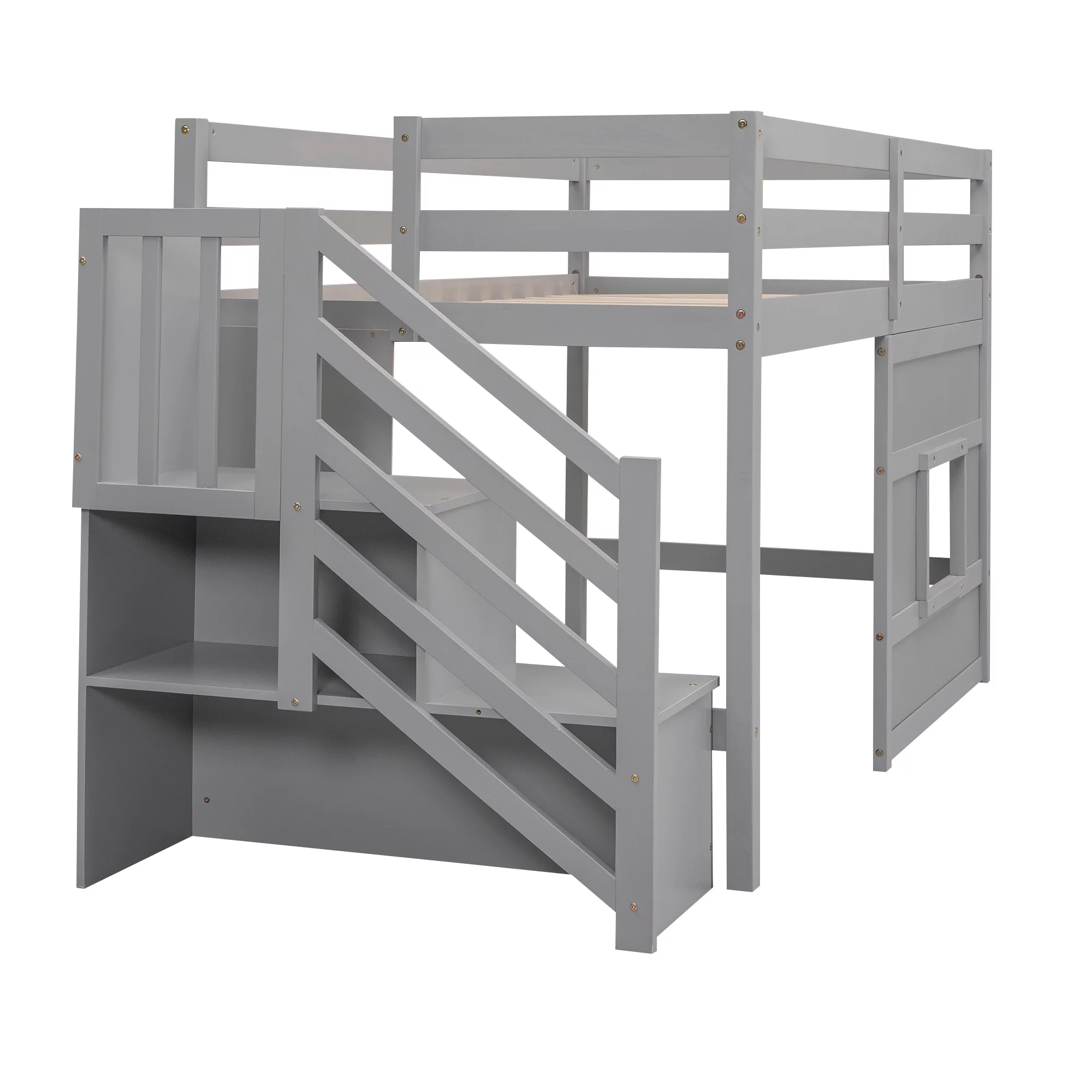 Bellemave Twin over Twin Size Loft bed with Underneath House & Strong Storage Staircases ,Solid Wood Twin Loft Bed with Full-Lengths Guardrails for Kids,Gray