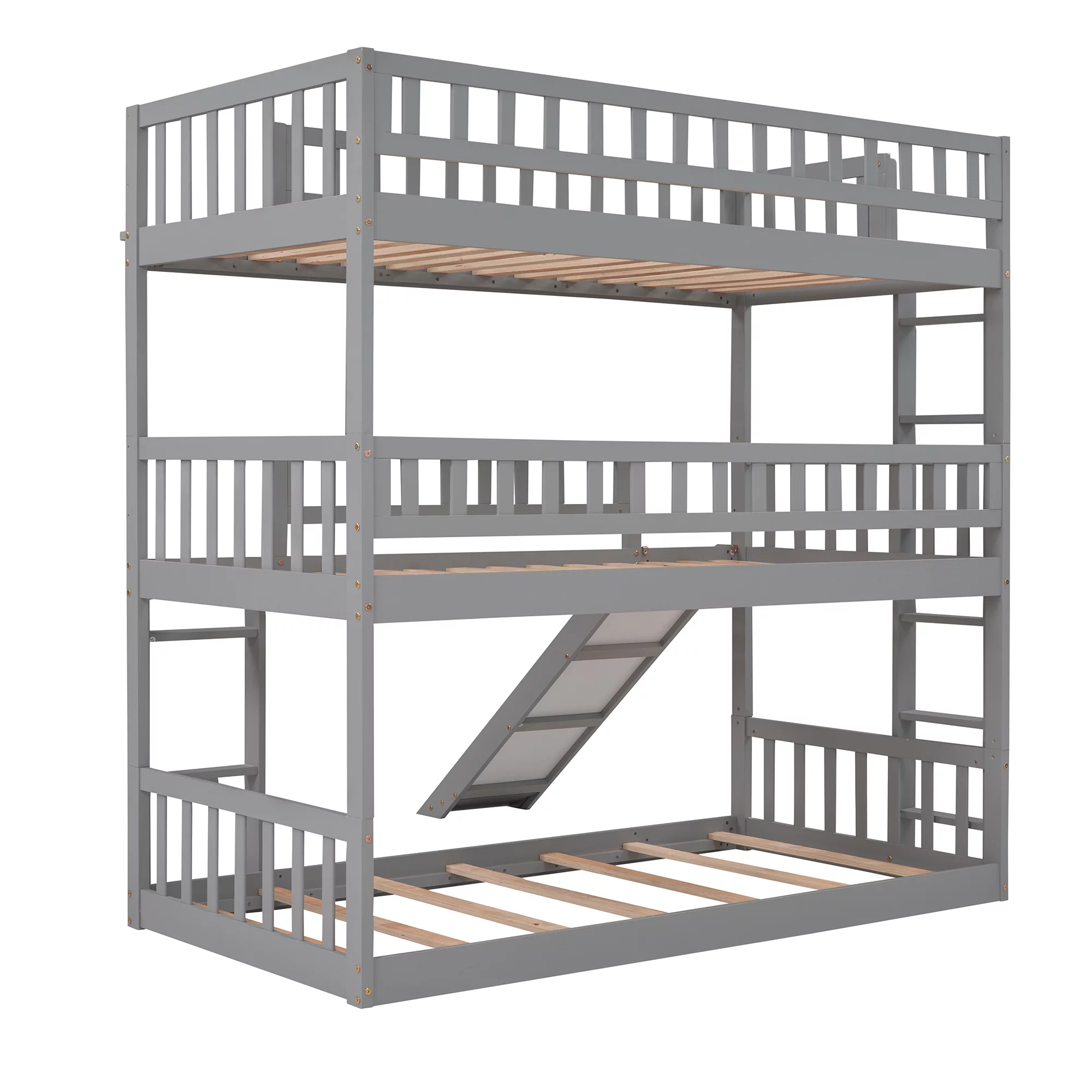 Bellemave Triple Bunk Bed with Slide, Wood Twin over Twin over Twin 3 Bunk Bed with 2 Built-In Ladders, Convertible Triple Beds for Kids, Teens, Boys & Girls (Gray)