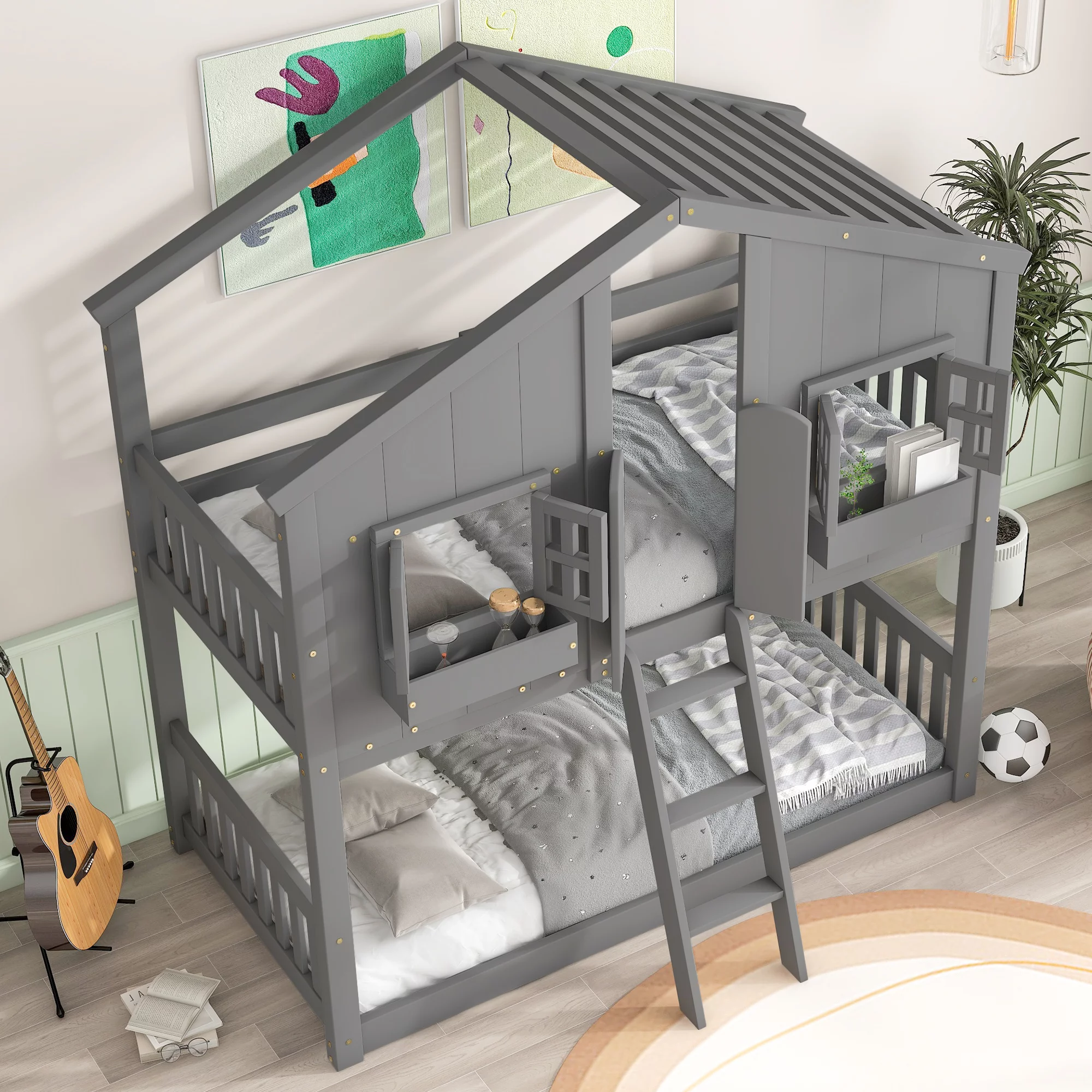 Solid Wood Twin over Twin House Bunk Bed with Roof, Window, Window Box, Door, Ladder and Guard Rail, Twin over Twin Bunk Bed for Toddler Kids Teens(Gray)