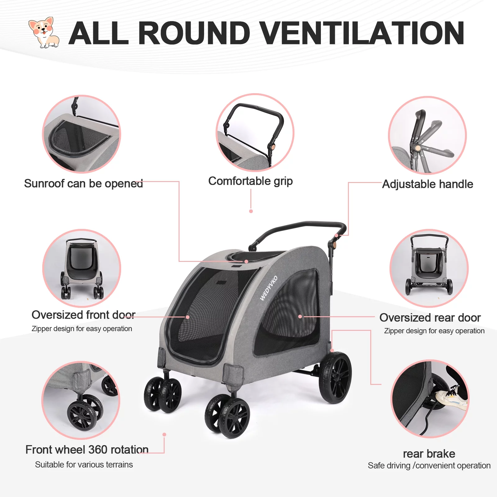 Wedyvko Dog Stroller for Medium Large Dogs - Foldable Jogger 4 Wheels Pet Stroller with Adjustable Handle for Small to Large Dogs and Other Pet Travel (Gray and Dark Gray)