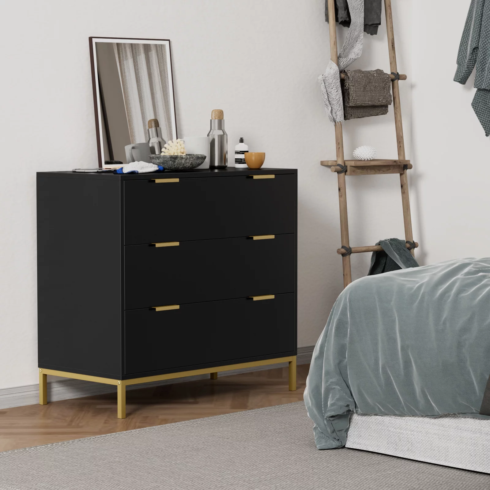 3 Drawer Black Wood Dressers Chest,29.3