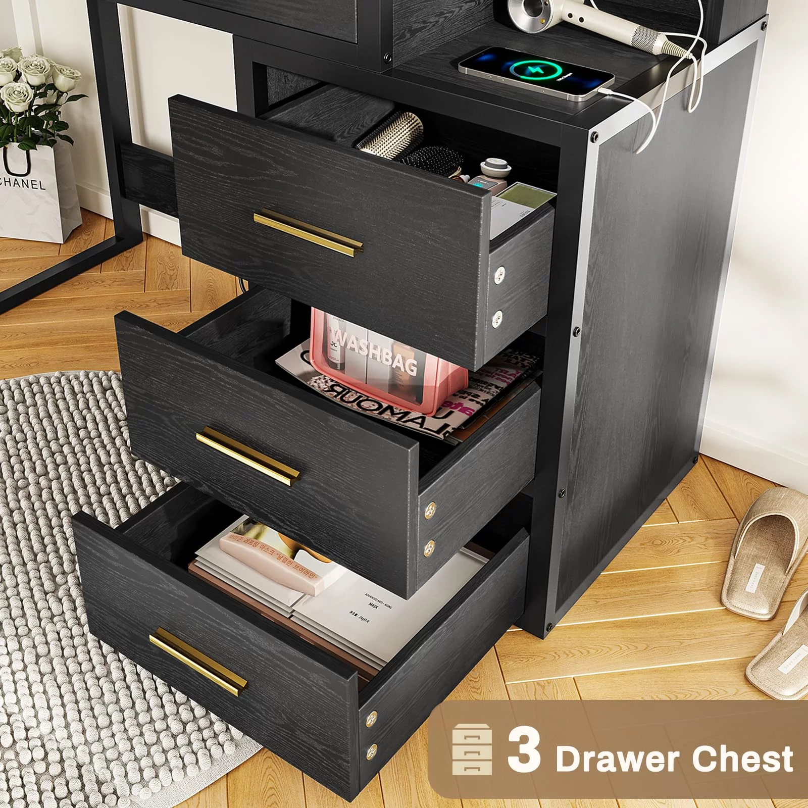 Makeup Vanity with 10 Light Bulbs, Modern Vanity Desk with Mirror and 3 Lighting Modes, Vanity Table with 2 USB Ports and Outlets, Black