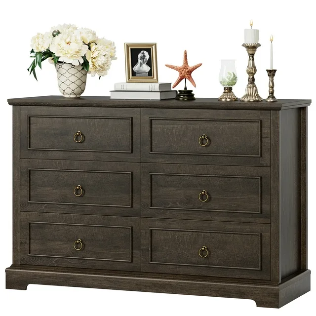 Homfa Double Dresser with 6 Drawers, 47'' Wide Chest of Drawers for Bedroom, Storage Cabinet for Living Room, Dark Brown