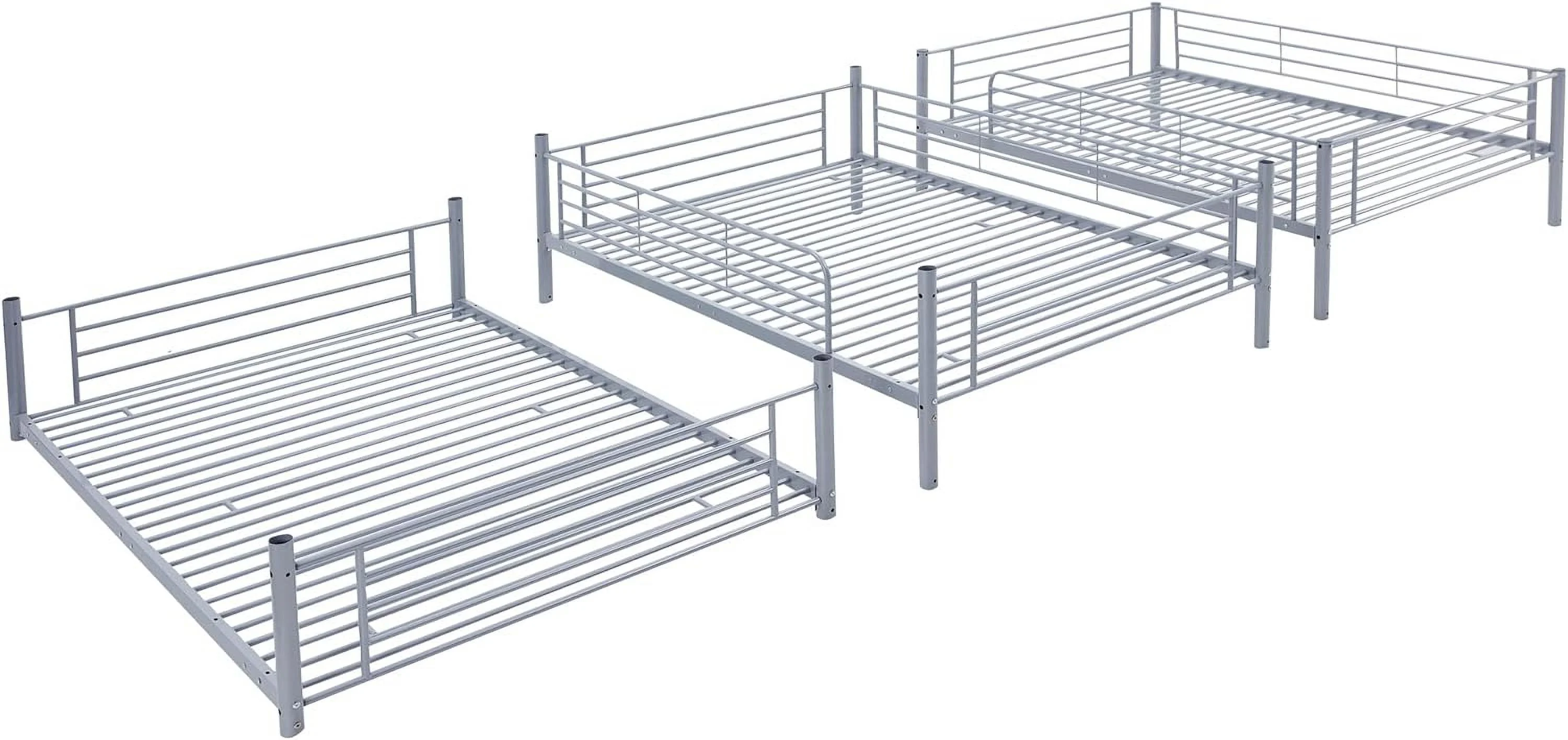Tabaray Triple Beds Full-Full-Full Floor Bunk Bed with 2 Convertible Ladders and Iron Slats, Steel Bedframe with Guardrails for Teens Adults Boys Girls (Grey)