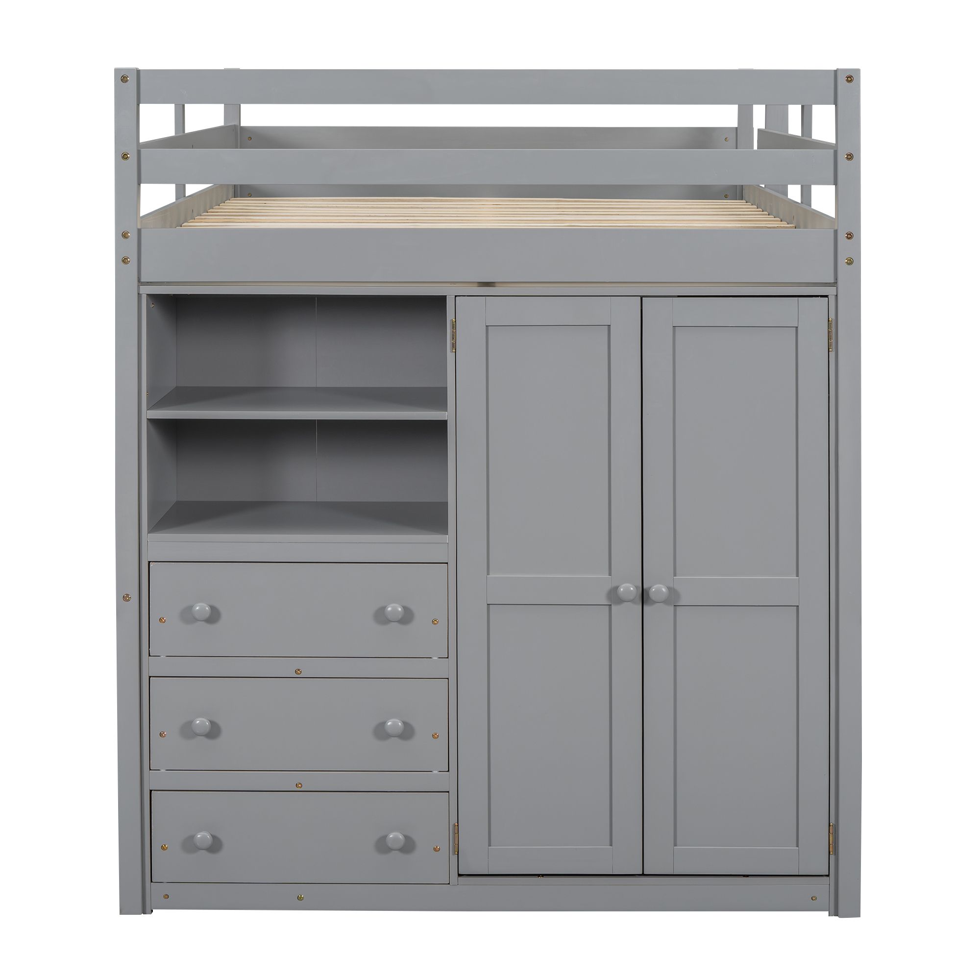 Full Size Loft Bed with Built-in Wardrobe, Desk, Storage Shelves and Drawers, Wooden Loft Beds Frame with Large Space, Wood High Loft Beds with Ladder(Gray, Full)