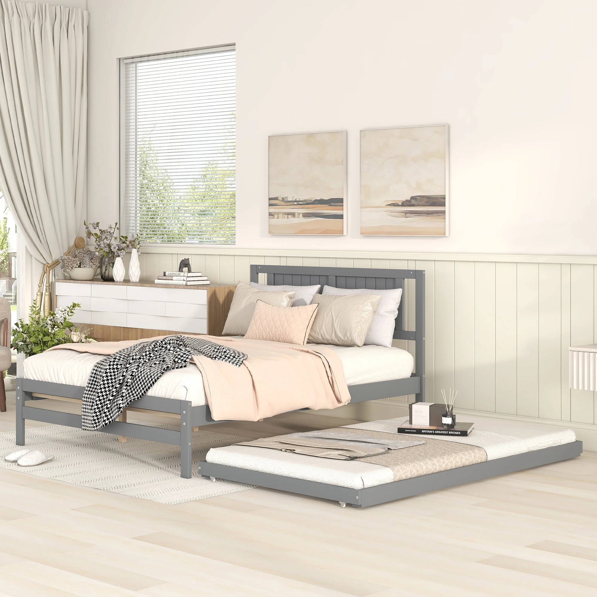 Euroco Wood Full Size Platform Bed with Trundle Frame Set, Wooden Bed Frame with Convertible Trundle Bed for Kids Teens Adulst, Gray