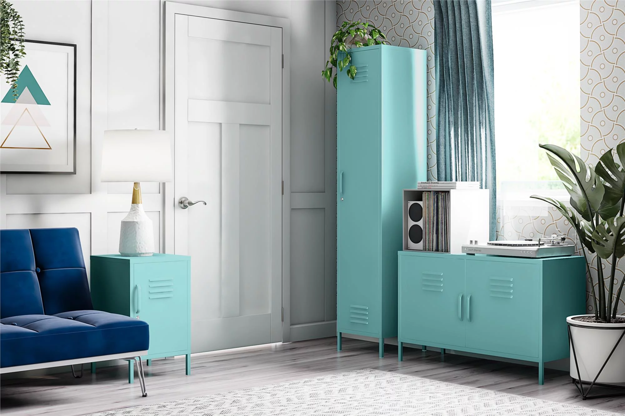 Novogratz Cache 2 Door Metal Locker Style Storage Accent Cabinet, Mint
