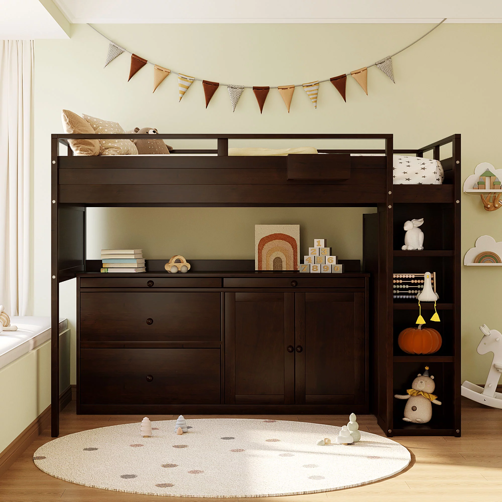 CoSoTower Loft Bed with Rolling Cabinet and Desk - Espresso
