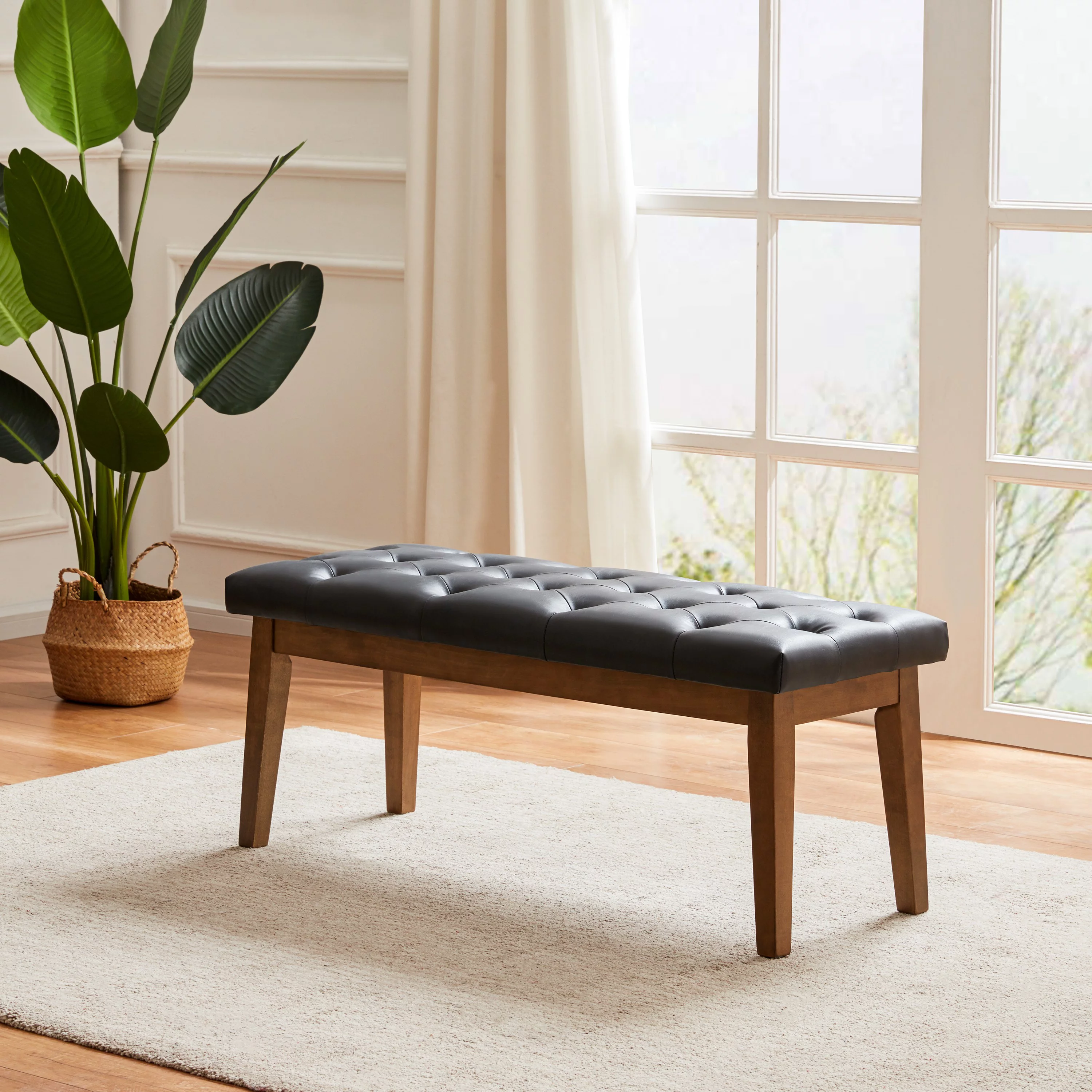 HUIMO Bedroom Bench End of Bed, Upholstered Dining Bench for Kitchen, Button-Tufted Entryway Bench, Fabric Ottoman Bench for Living Room, Black
