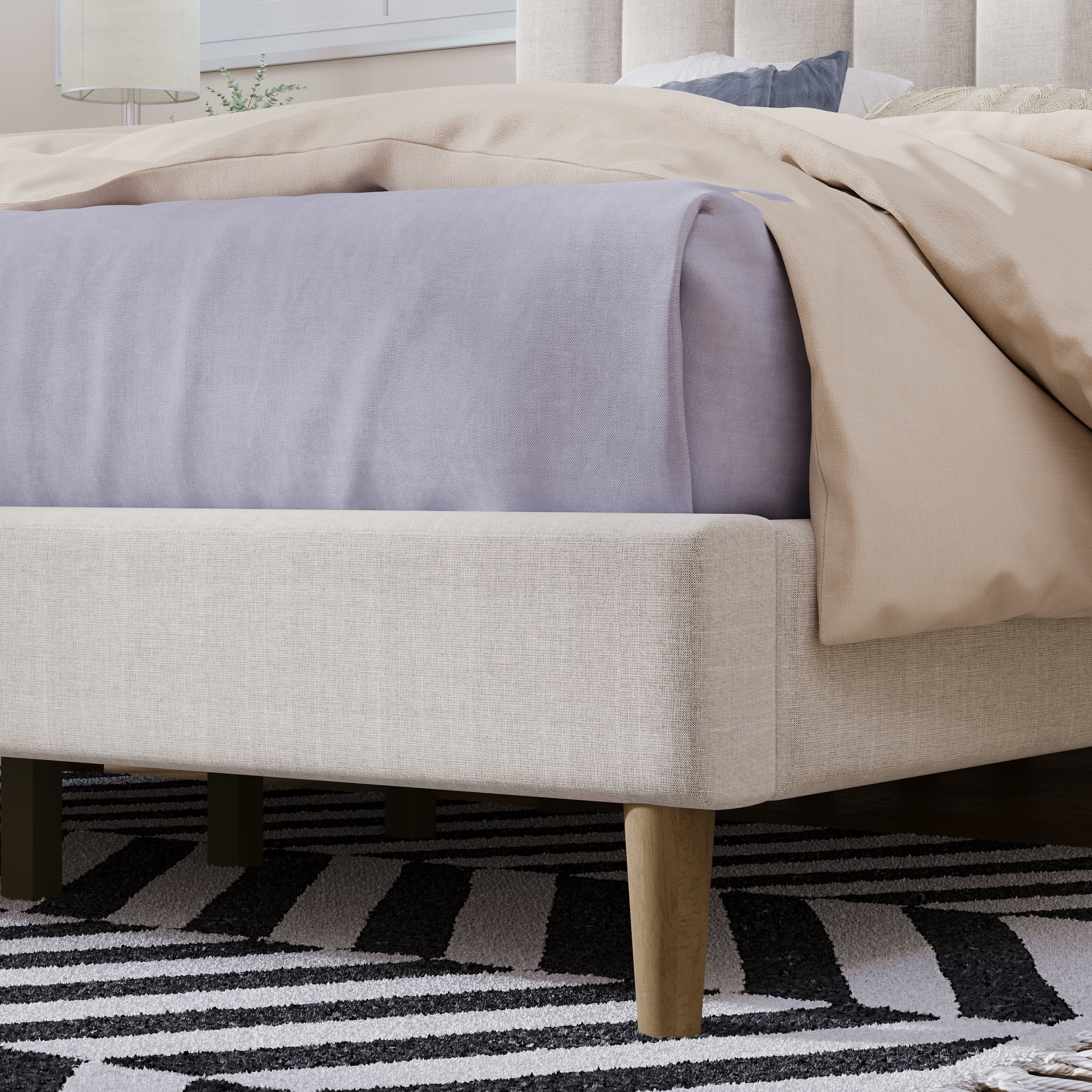 Paproos Queen Bed Frame with Headboard, Upholstered Platform Bed with Solid Wood Legs, No Box Spring Needed, Modern Bedroom Furniture Queen Size Bed for Teens Adults, 800lbs Capacity, Cream