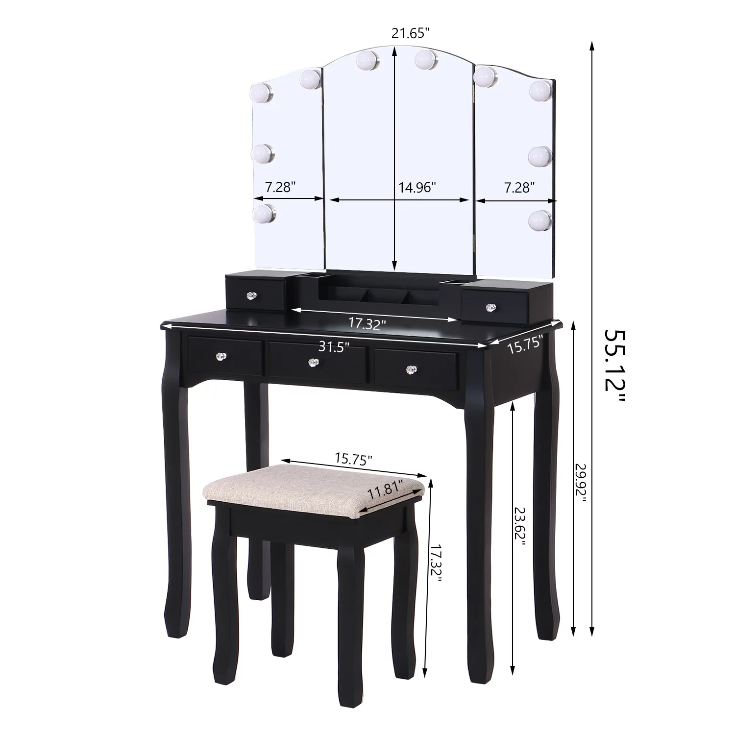 BEWISHOME Vanity Set with Lighted Mirror, Makeup Vanity with Tri-Folding Mirror 10 LED Bulbs, Black Vanity Desk Vanity Table with 5 Drawers 2 DIY Dividers, Cushioned Stool, Movable Organizer FST09H