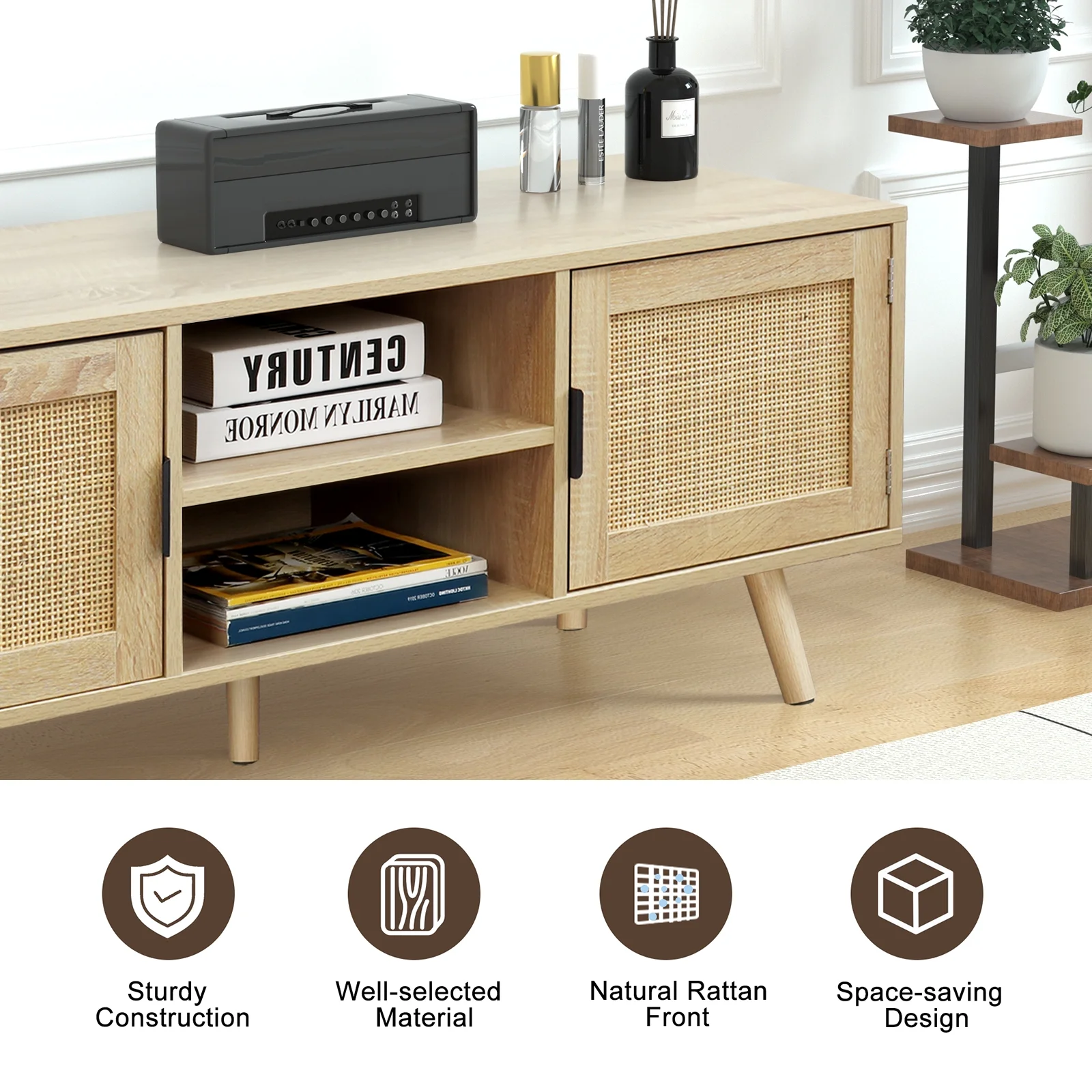 Eumyviv Farmhouse TV Stands for 55 Inch TV,Wood Media Entertainment Center Cabinet Console Table with 2 Rattan Doors, Natural Oak, H0015