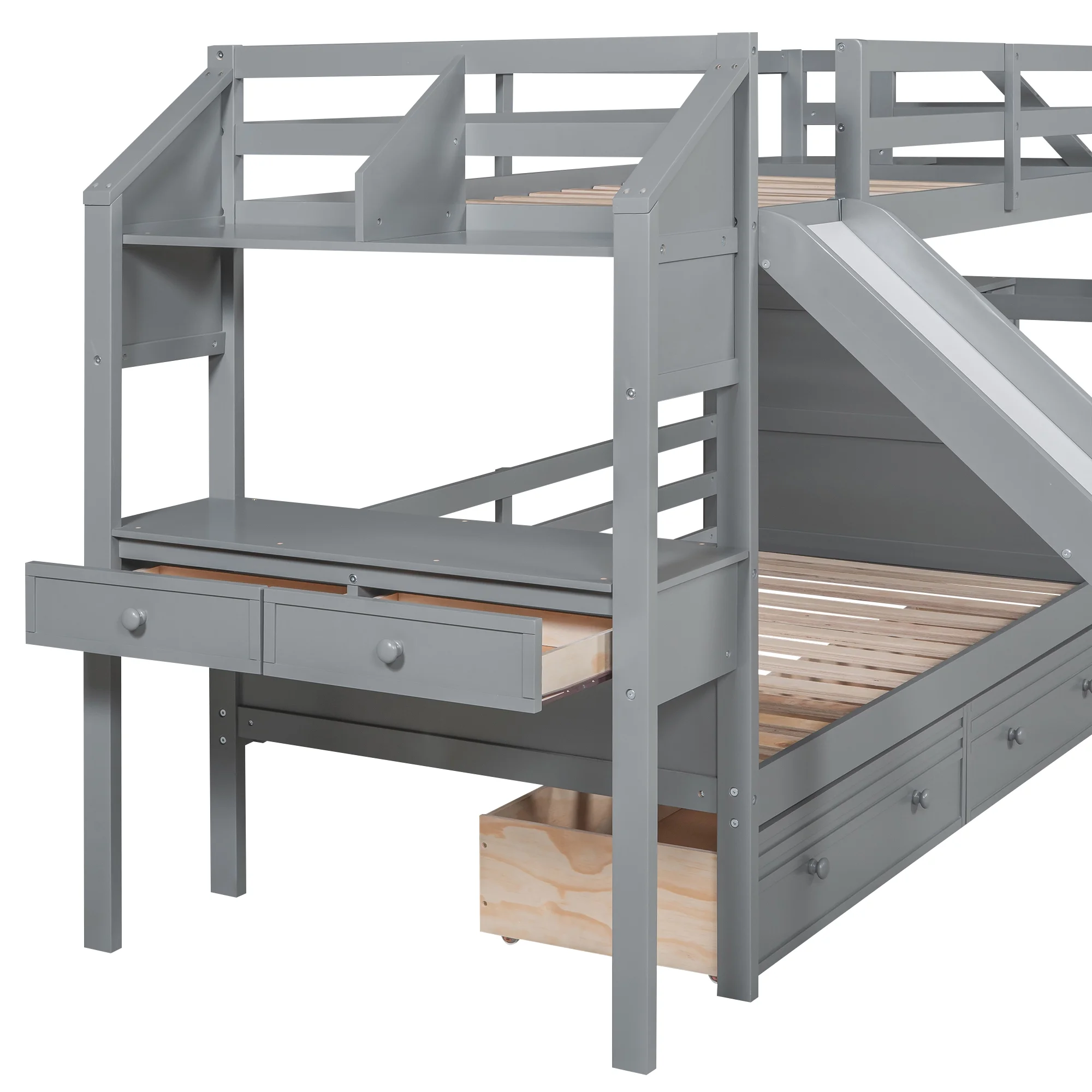 Euroco Wood Twin over Twin Bunk Bed with Desk and Slide, 4 Drawers and Shelf, Bookcase and Storage Staircase for Kids, Gray