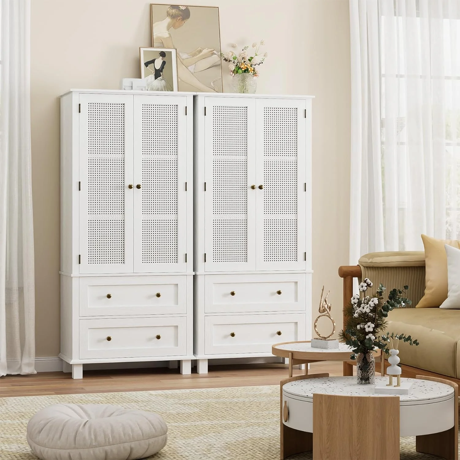 ONKER Kitchen Pantry Storage Cabinet, Tall Cabinet with Rattan Doors and 2 Drawers, Freestanding Cupboard with Adjustable Shelves, Utility Pantry for Kitchen, Dining Room,White