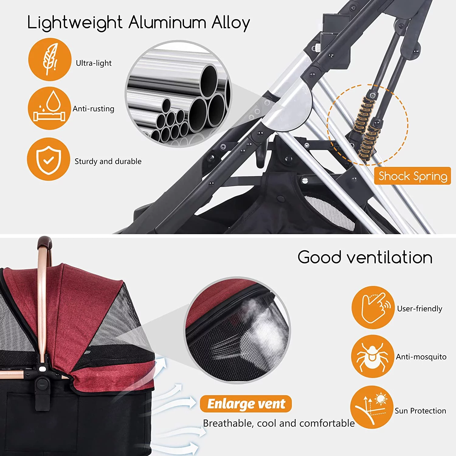 NiamVelo 3-in-1 Dog Cat Stroller for Small Medium Dogs, Premium Foldable Travel Pet Gear Stroller with Detachable Carrier 4 Wheel Wagons, Wine