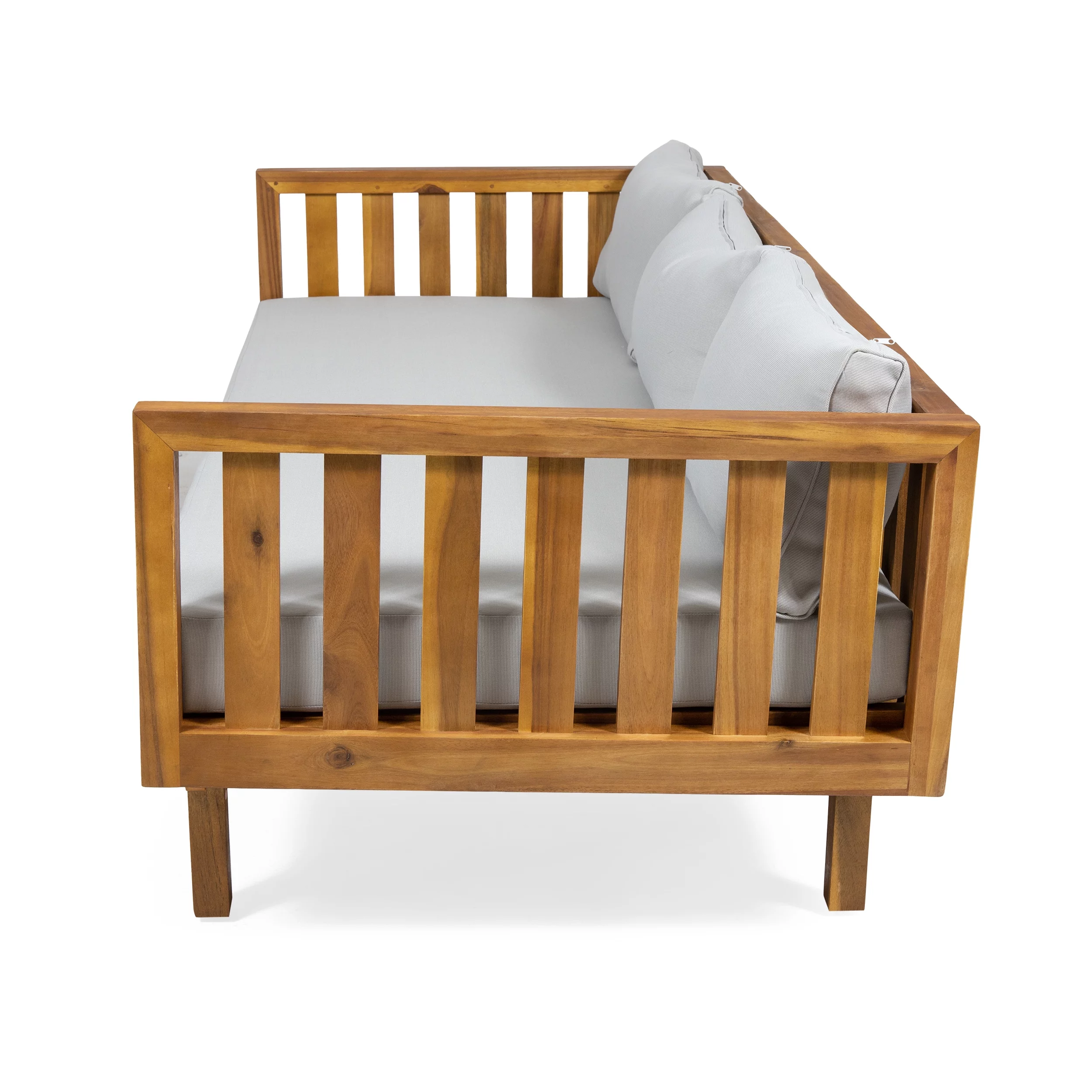 GDF Studio Bordeaux Outdoor Acacia Wood 3 Seater Daybed with Cushions, Teak and Light Gray