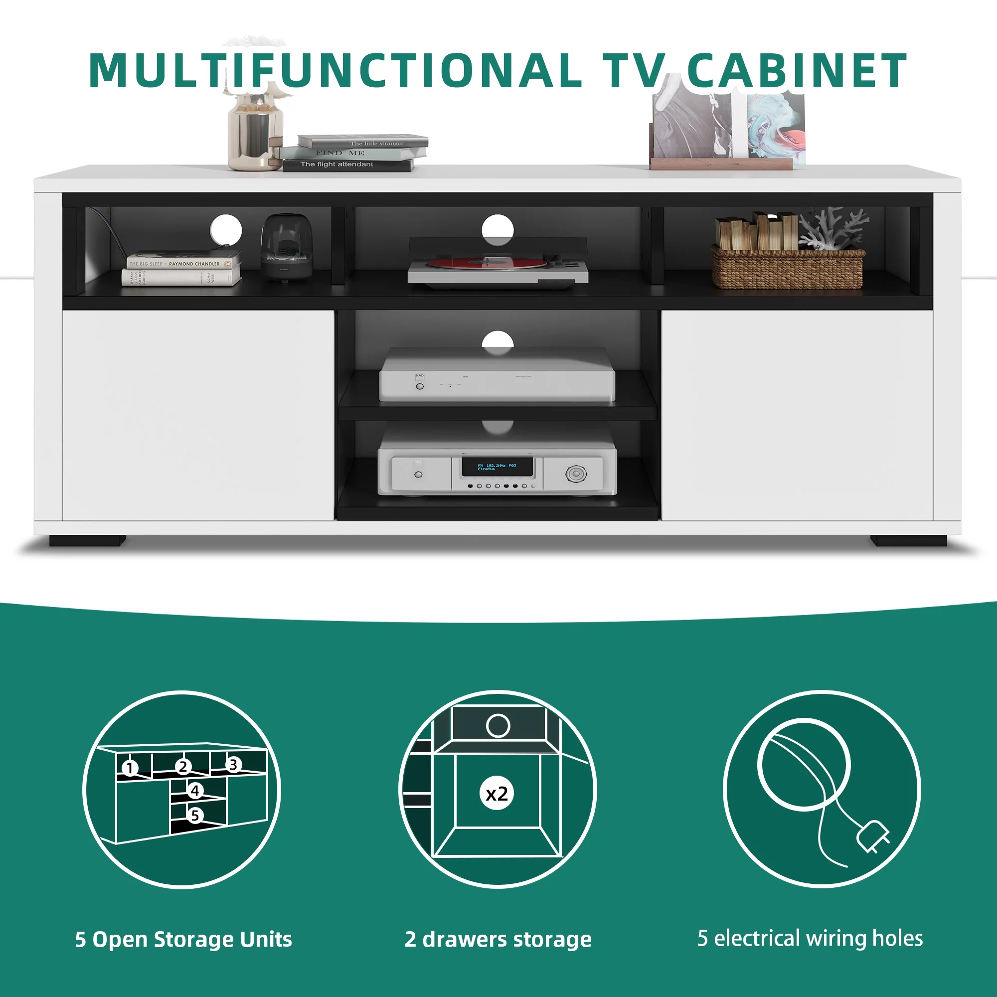 Dextrus High Gloss TV Stand with LED Ambient Lights, Modern TV Stand with Open Shelf Storage Cabinet for 62 inch TV, White