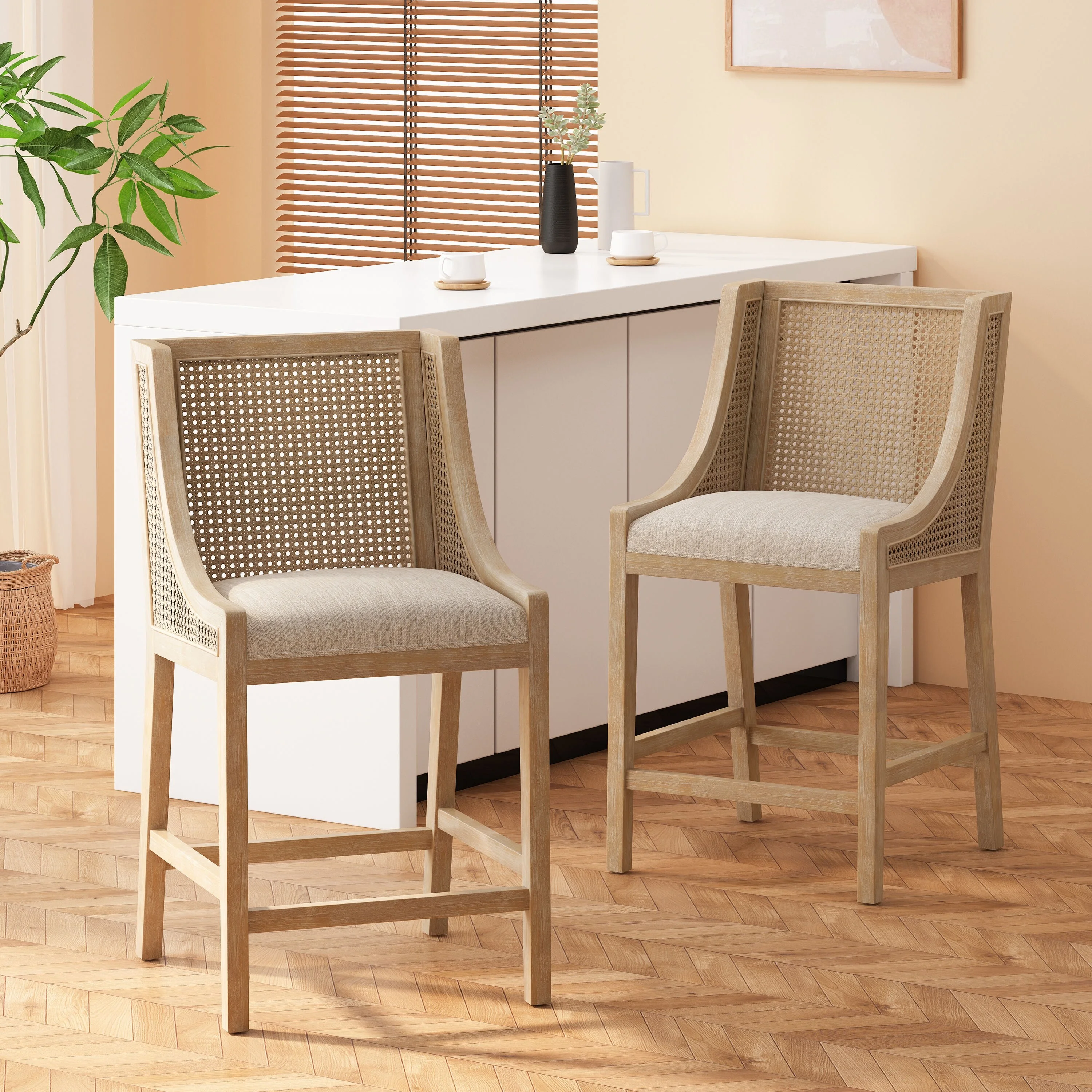 Christopher Knight Home Cataldo Fabric Upholstered Wood and Cane 25.5 inch Counter Stools (Set of 2) by  Beige