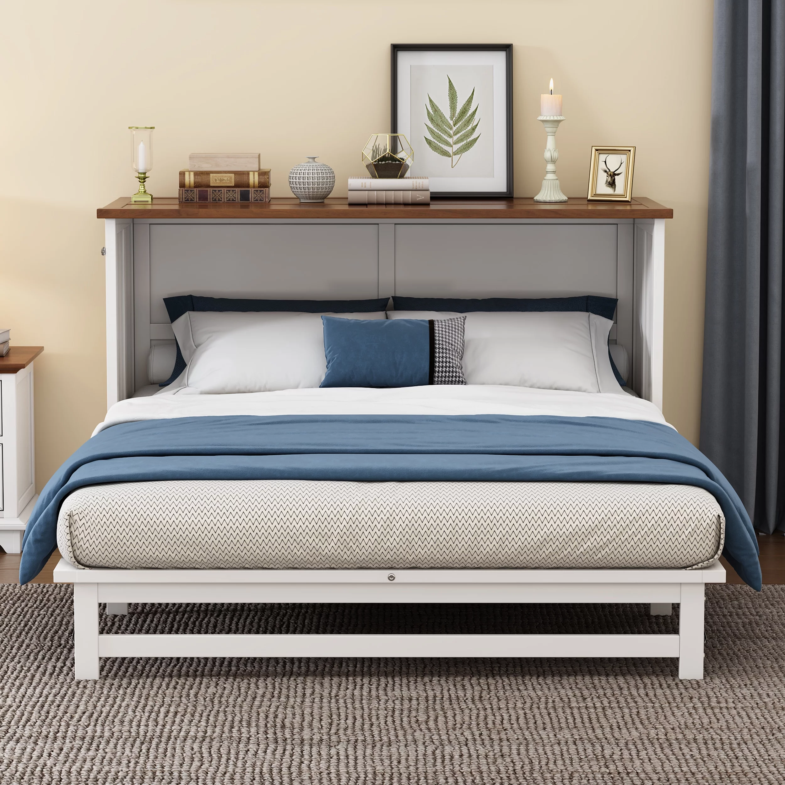 Bellemave Murphy Bed Full with Storage Drawer, Solid Wood Full Size Murphy Bed Cabinet with Charging Station, Easy Fold Modern Murphy Beds for Guest Room Home Office (White+Walnut)