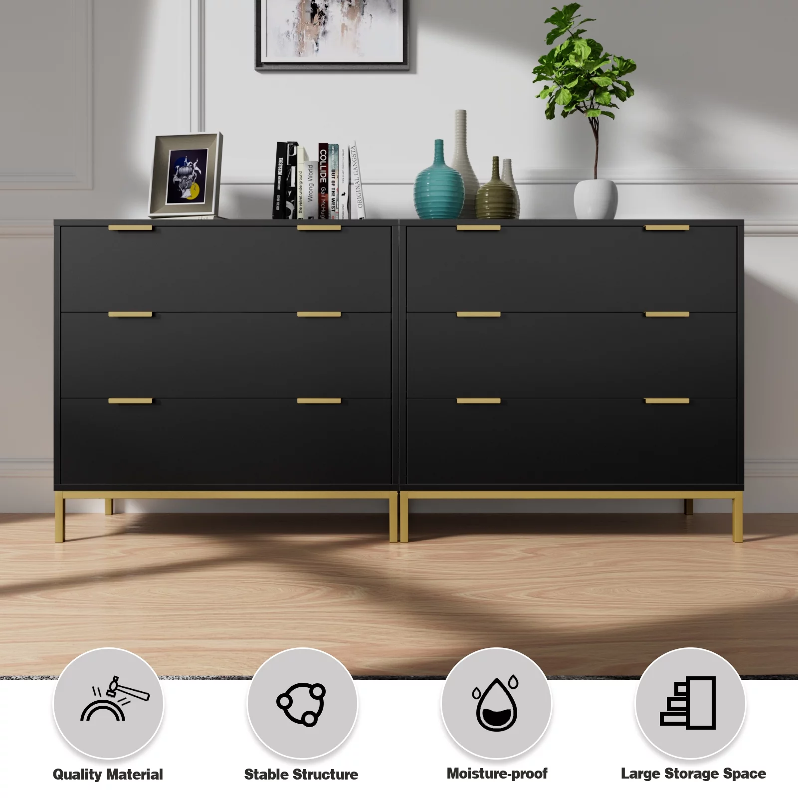 3 Drawer Black Wood Dressers Chest,29.3