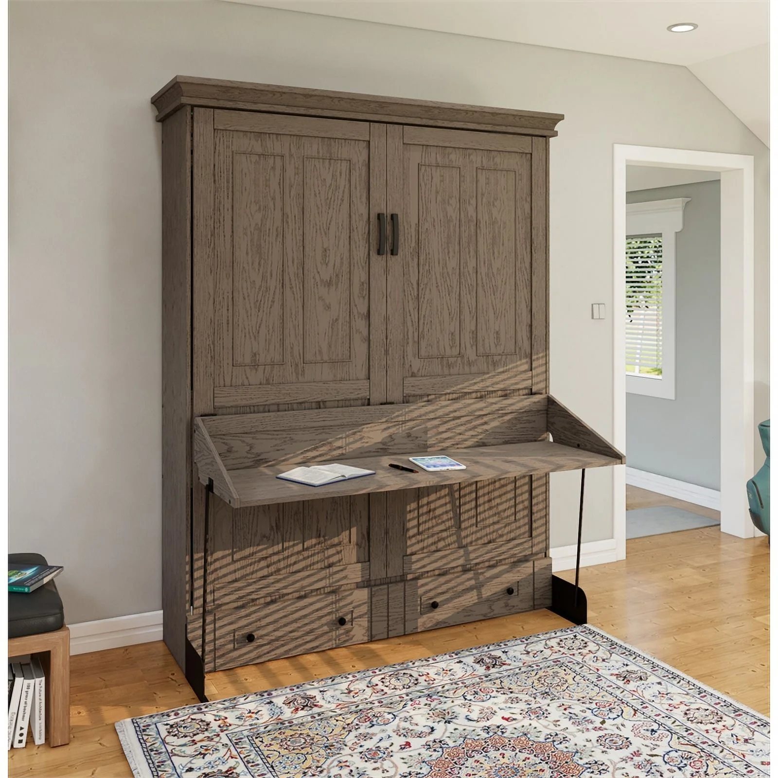 RoomAndLoft Windsor Queen Size Solid Wood Murphy Wall Desk Bed in Gray