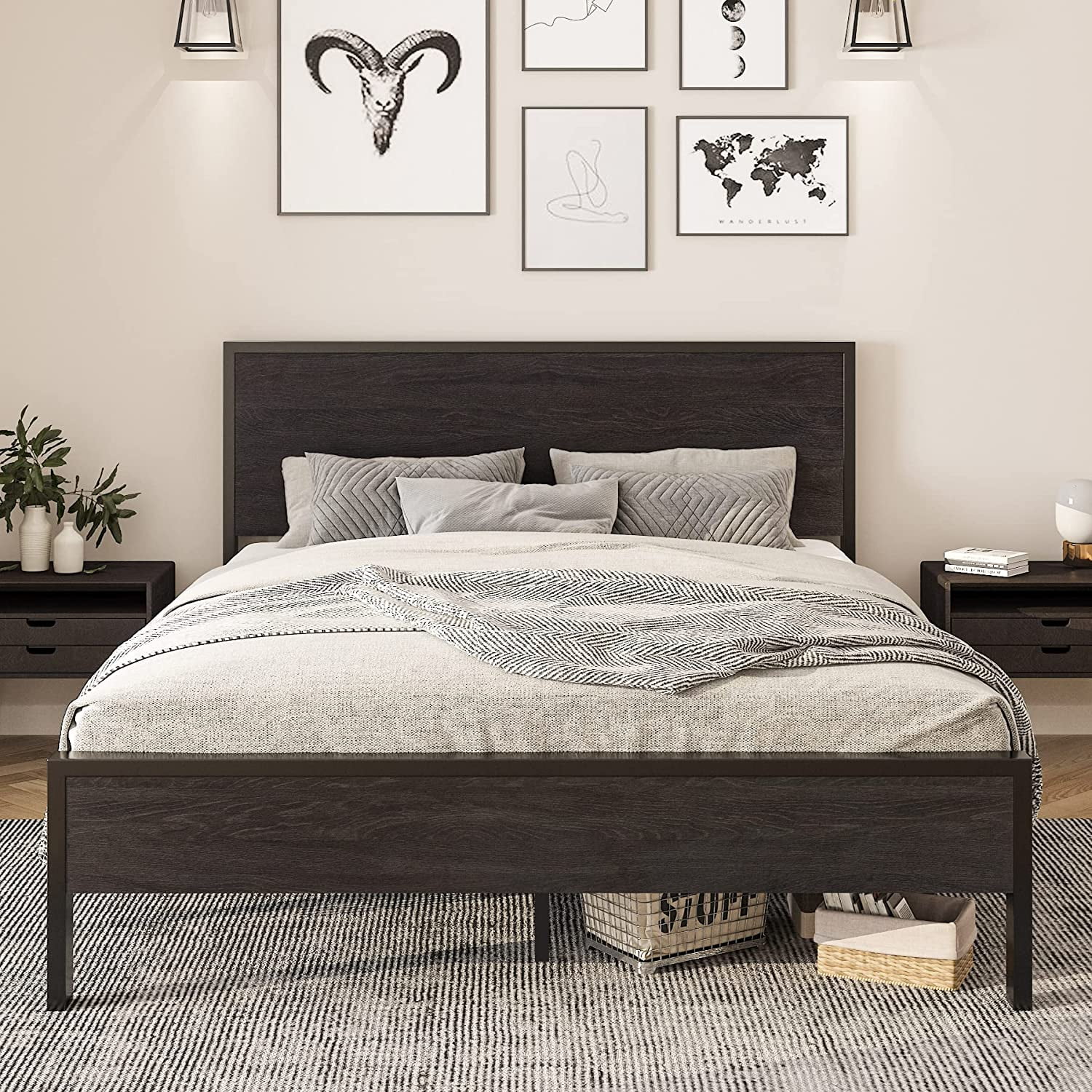 Full Size Platform Bed Frame with Wood headboard and Footboard  Heavy Duty 13 Metal Slats  no Box Spring Needed  Noise Free  Black