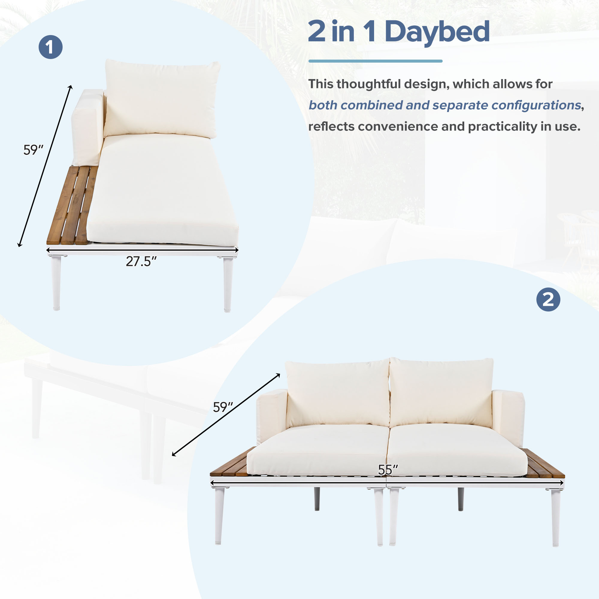 Highsound 2 in 1 Outdoor Daybed, Modern Stylish Patio Metal Daybed with Wood Topped Side Spaces for Drinks, Padded Chaise Lounges for Poolside, Balcony, Deck, Beige