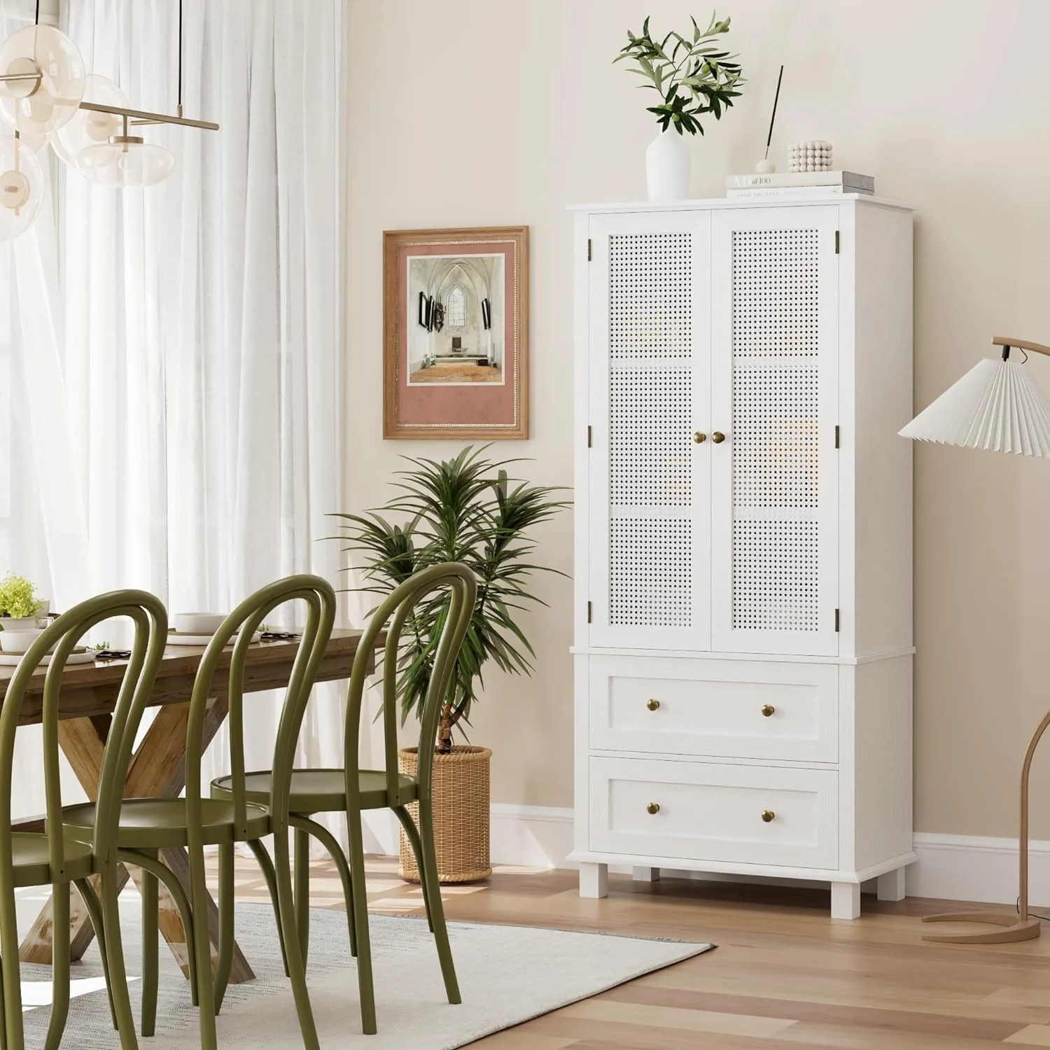 ONKER Kitchen Pantry Storage Cabinet, Tall Cabinet with Rattan Doors and 2 Drawers, Freestanding Cupboard with Adjustable Shelves, Utility Pantry for Kitchen, Dining Room,White