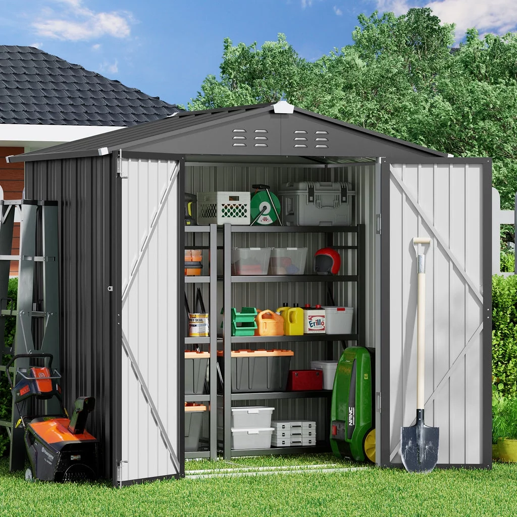 Aiho 8' x 6' Shed, Outdoor Storage Shed with Metal Base Frame & Air Vent & Lockable Doors for Garden and Backyard - Gray