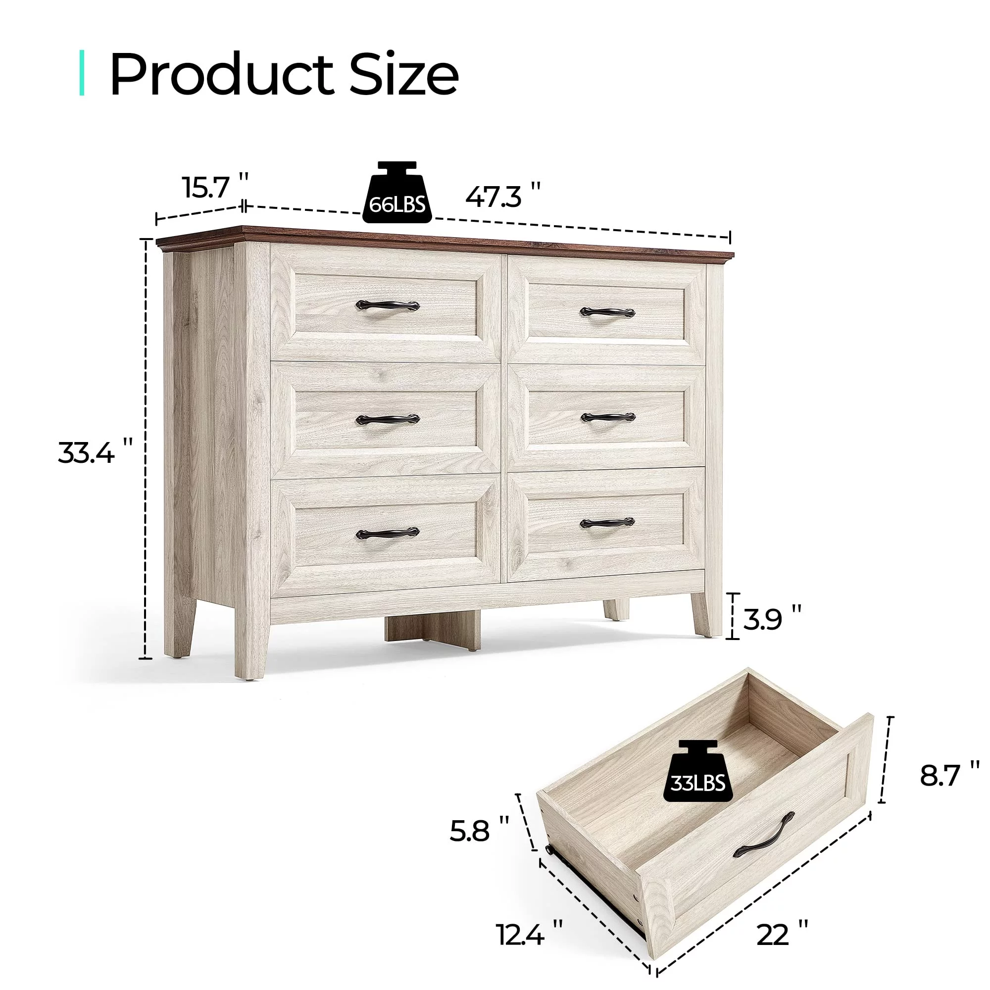 LINSY HOME Dresser for Bedroom, Long Dresser with 6 Drawers and Antique Handles, Chest of Drawers for Living Room, Entryway and Hallway, Rustic Oak