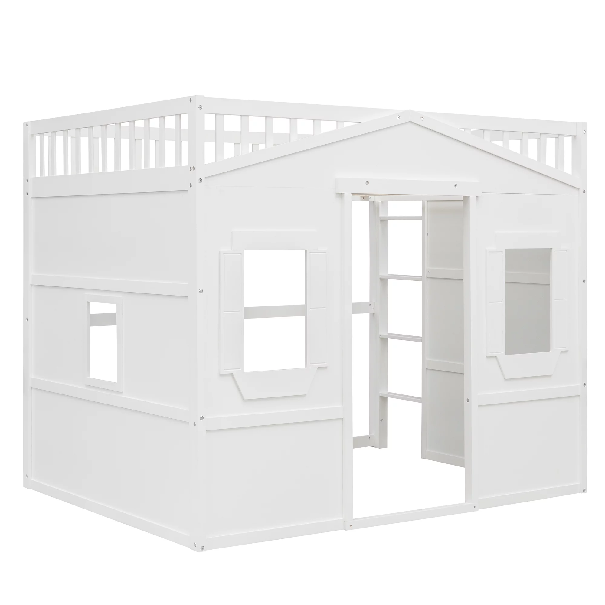 Royard Oaktree Twin Size House Loft Bed with Under-bed Playhouse, Window, and Wall, Wood Loft Bed Frame with Guardrail and Ladder for Kids Boys Girls Teens, White