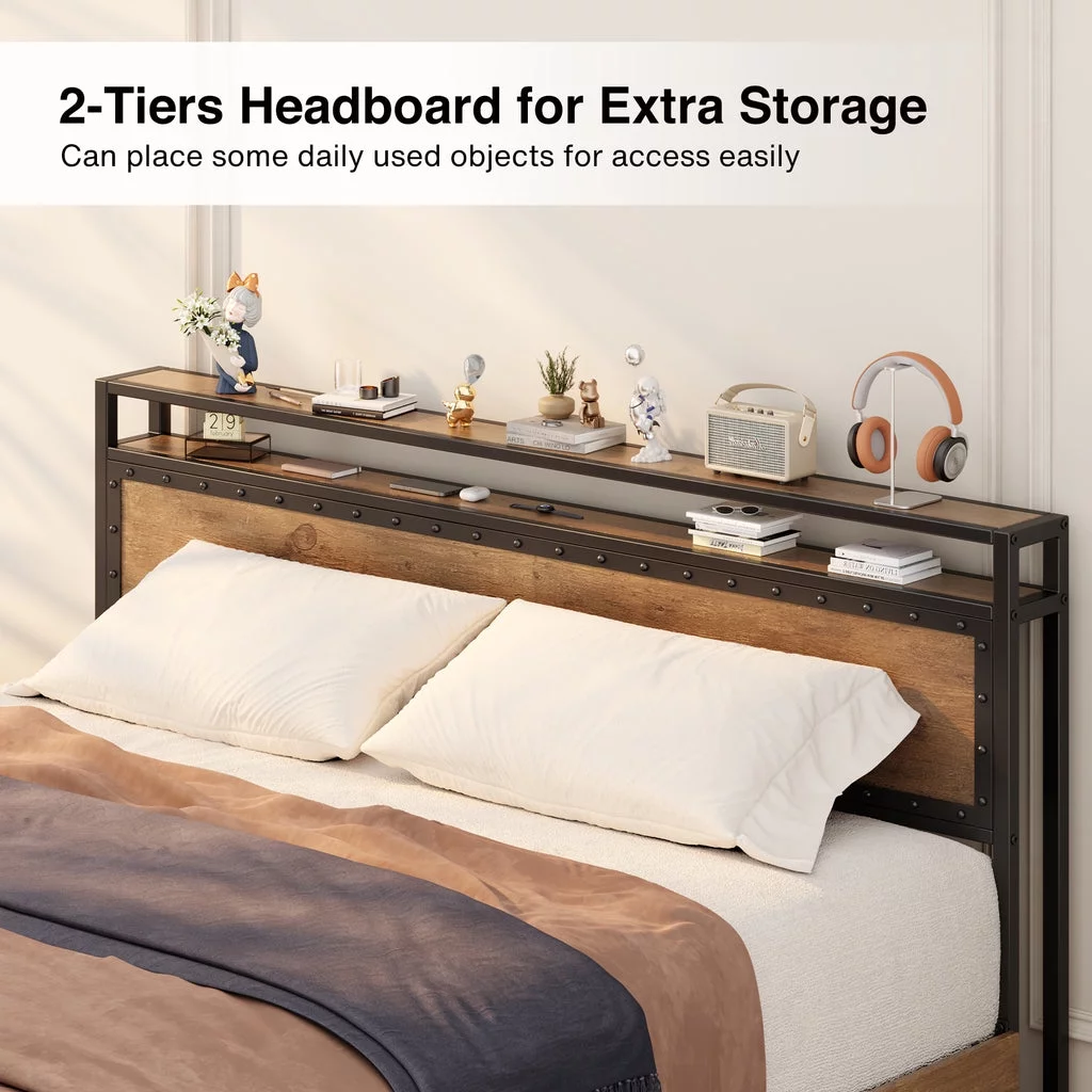 Aiho Queen Size Metal Bed Frame with Drawers and Headboard for Bedroom - Brown