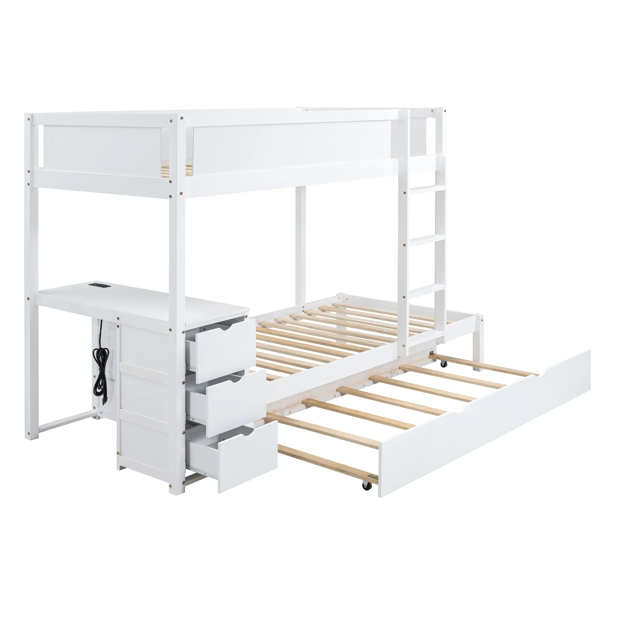 Churanty Twin Over Twin Bunk Bed with Trundle and Desk, Solid Wood Bunk Bed Frame with Storage Drawers and shelves for Kids Girls Boys Bedroom,White