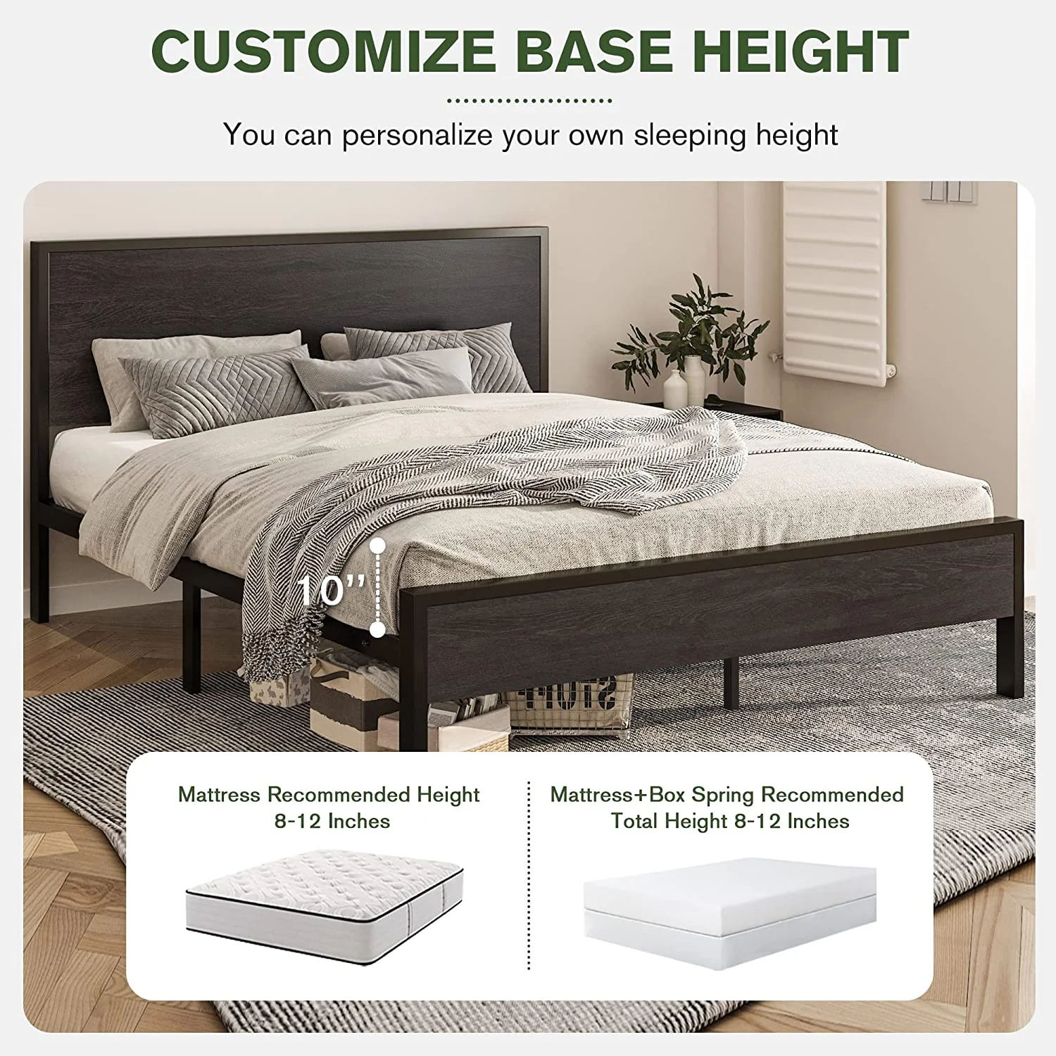 Full Size Platform Bed Frame with Wood headboard and Footboard  Heavy Duty 13 Metal Slats  no Box Spring Needed  Noise Free  Black