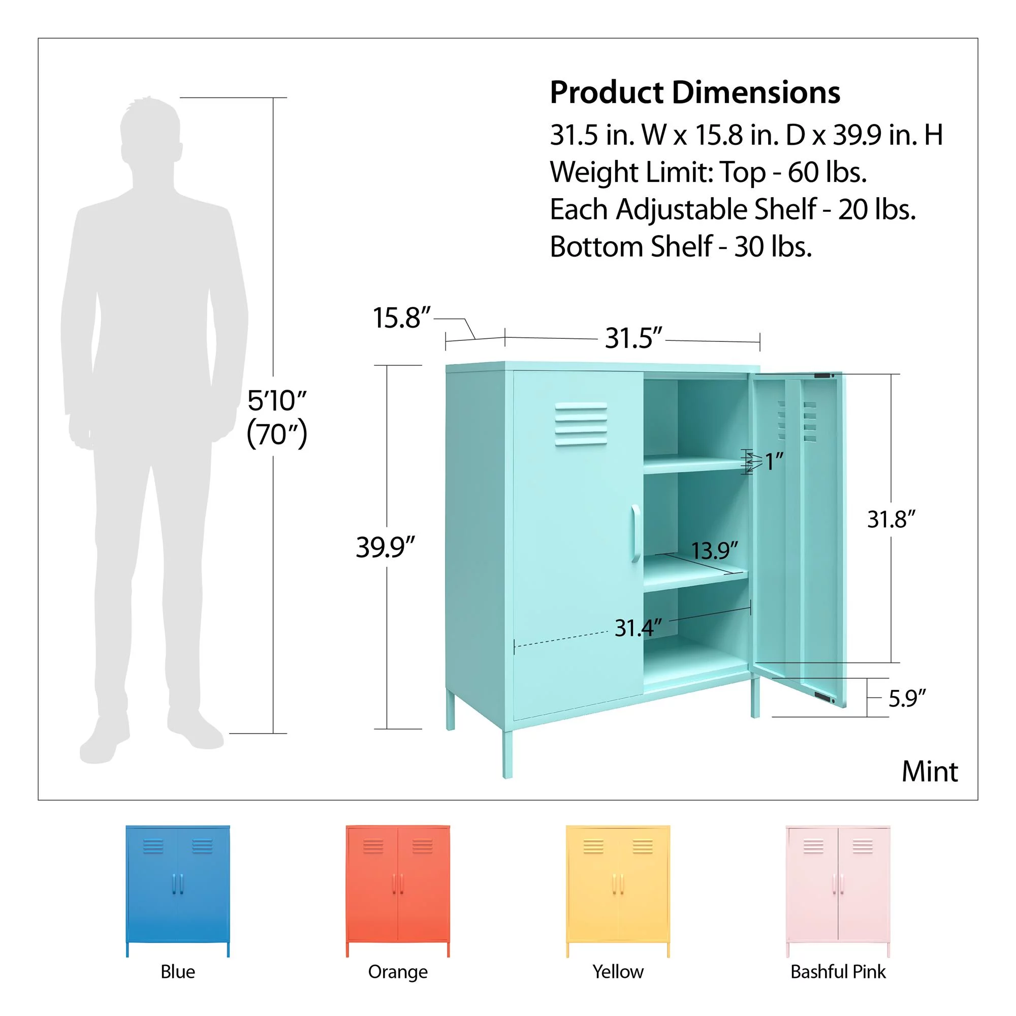 Novogratz Cache 2 Door Metal Locker Style Storage Accent Cabinet, Mint