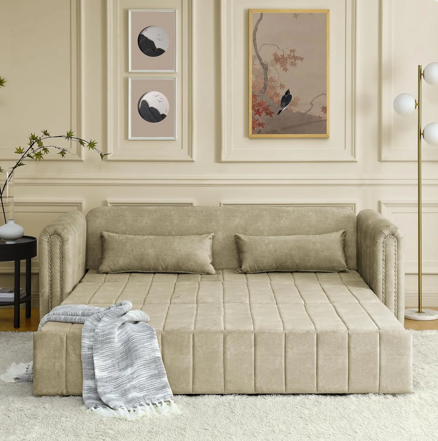 3-in-1 Convertible Sleeper Sofa Bed,Pull-Out Bed Sleeper with Rolled Arms Decorated with Copper Nails,Modern Upholstered 3 Seats Sofabed with Two Drawers and Two Pillows,Black