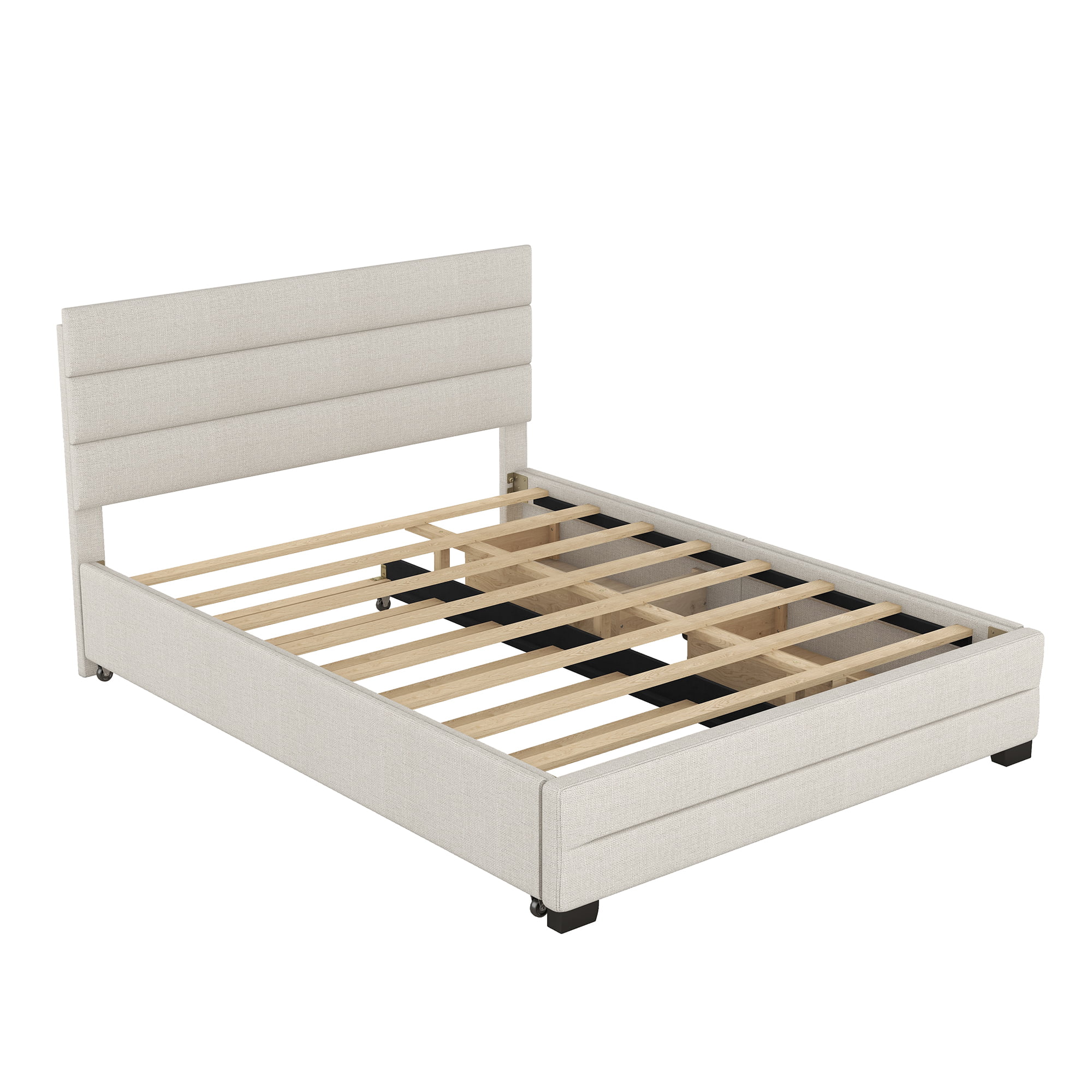 Royard Oaktree Queen Size Storage Bed Platform Bed Upholstered Queen Bed Frame with Headboard,2 Drawers and Trundle,Linen Fabric,No Box Spring Needed,Beige