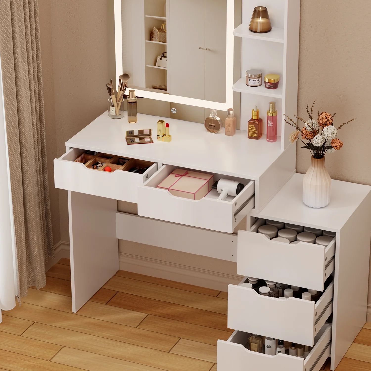 Vanity Desk, Lofka Makeup Vanity with Mirror and Lights, Large Vanity Table Set, White
