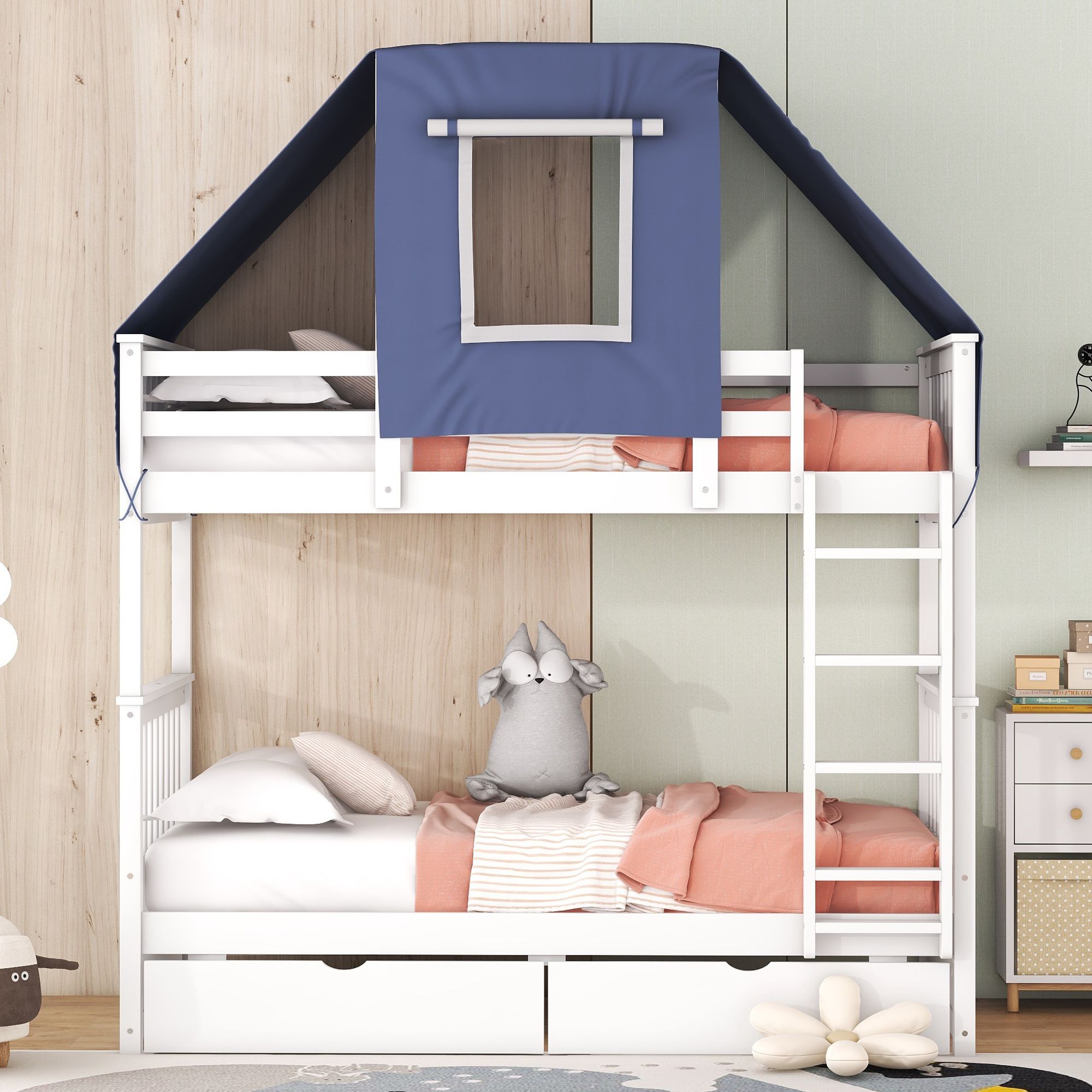 Twin Over Twin Bunk Bed with Tent and Drawers for Boys/Girls/Teens Bedroom, Wood Bed Frame with Safety Guardrail, No Box Spring Needed with Roof, Window
