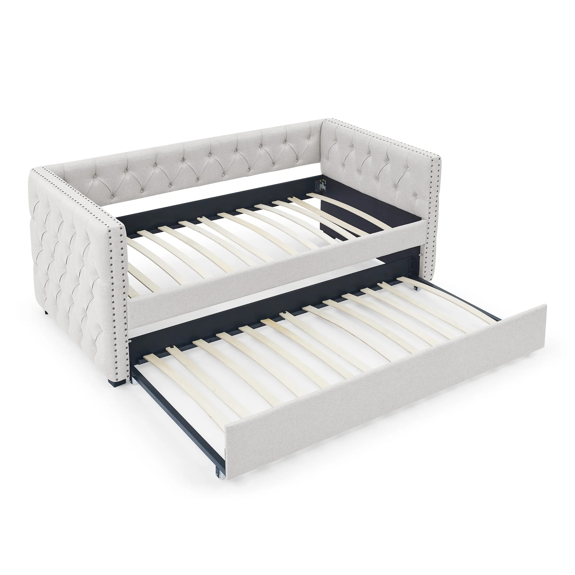 Aukfa Upholstered Daybed with Trundle, Twin Daybed, Button Tufted, Nailhead Trim - Beige
