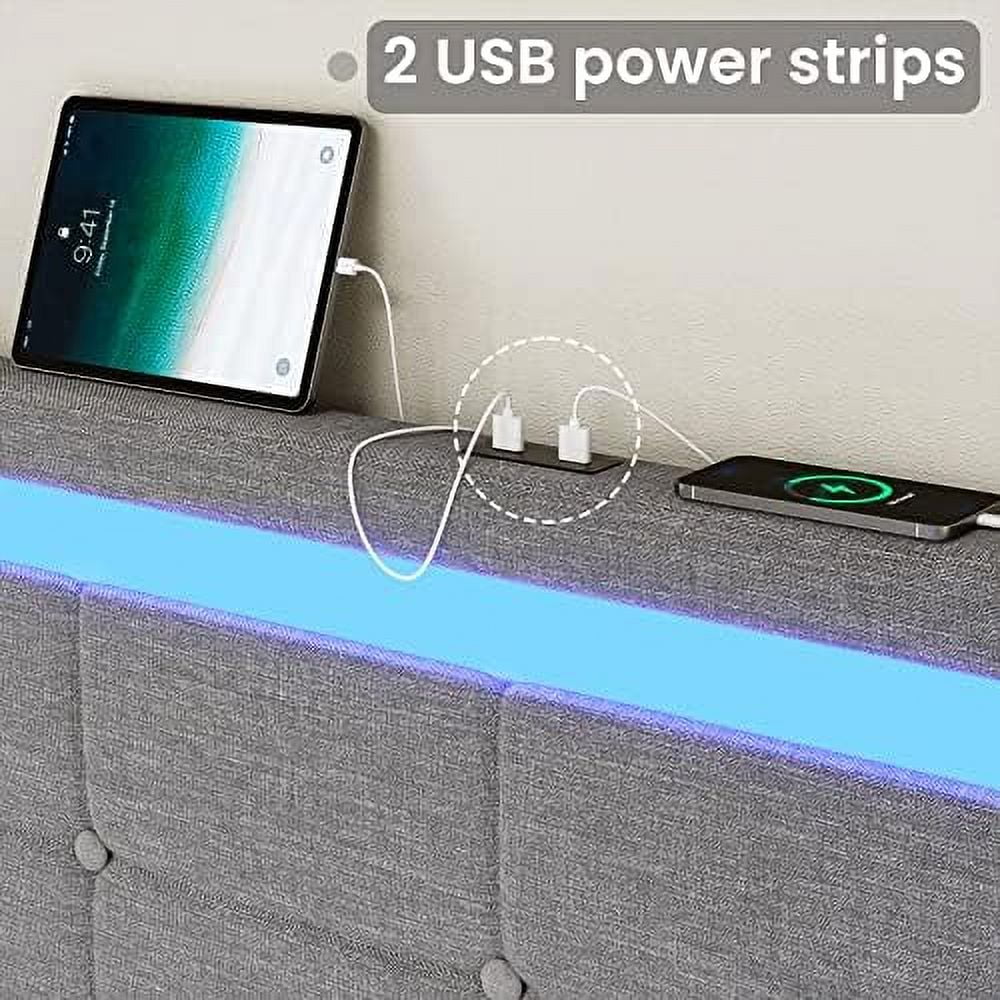 GEROBOOM Full Size Bed Frame with  Drawers  LED Lights Headboard Footboard  Upholstered Leather Platform LED Bed Frame with 2 USB Potrs  No Box Spring Needed  Black