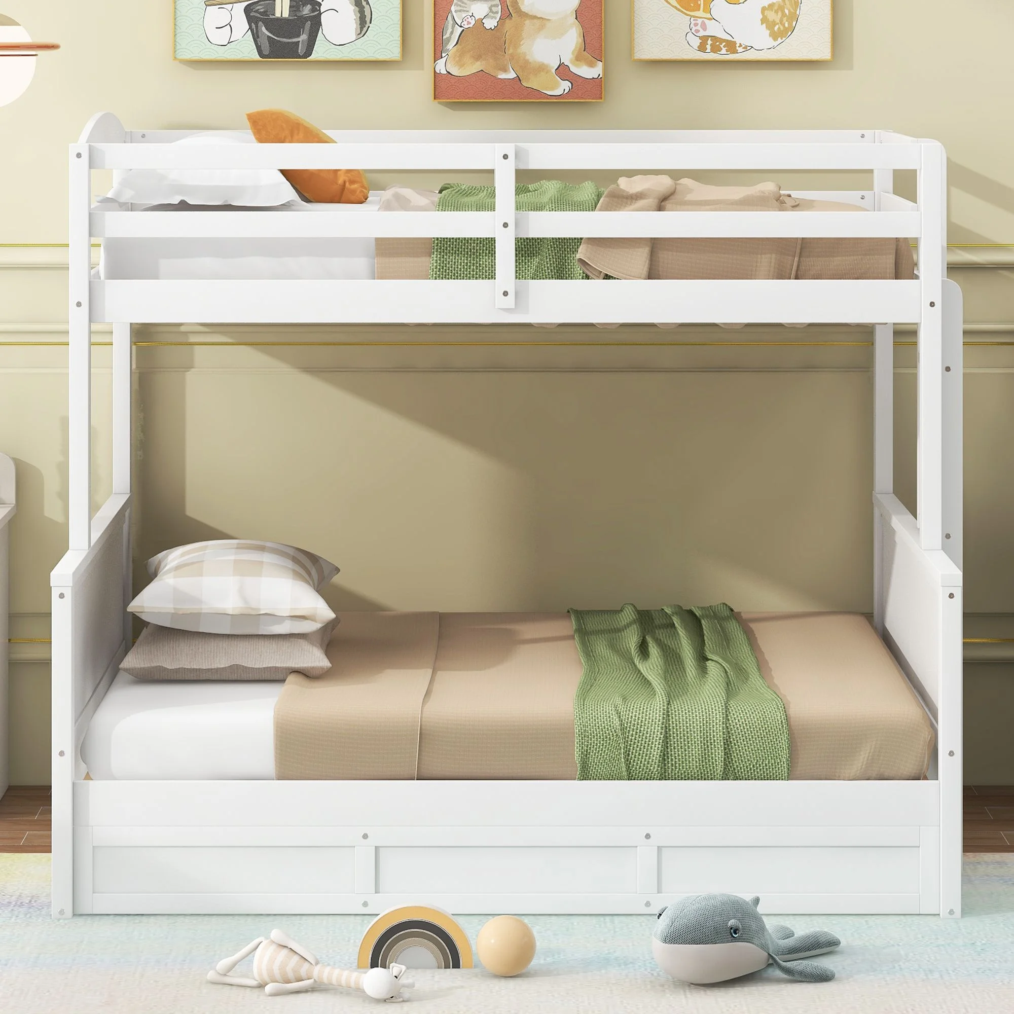 Twin over Full Bunk Bed with Ladder,Solid Wood Bunk Bed Frame with Safety Guardrail, Convertible into 2 Bed Bunk Beds with Hydraulic Lift Up Storage for Girls Boys Teens(White, Twin over Full)