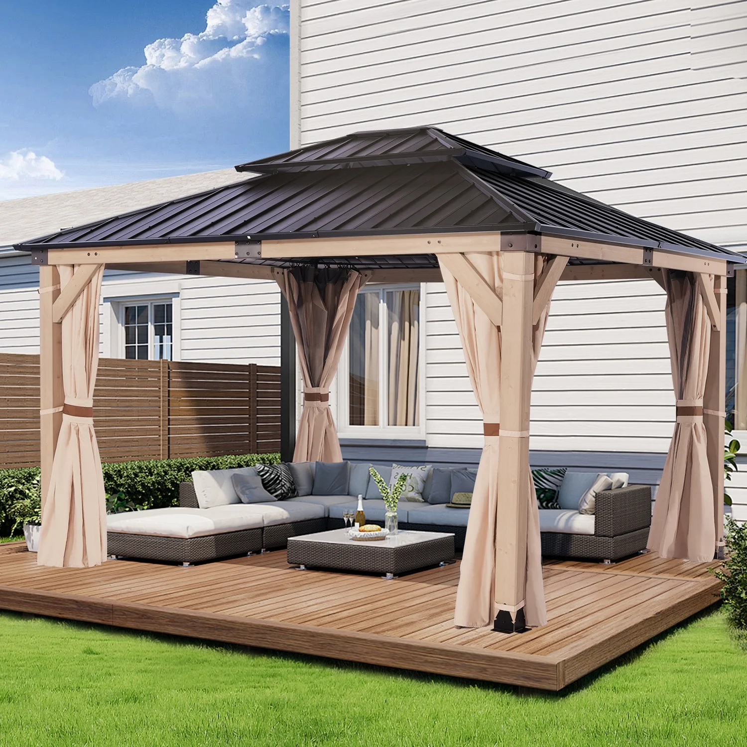 HEAVDUTY Hardtop Wood Gazebo 10x12 ft – Cedar Wood Frame Gazebo with Double Metal Roof – Patio Gazebo Kits with Mosquito Netting & Curtains – Outdoor Wooden Gazebos Pavilion for Backyard and Deck