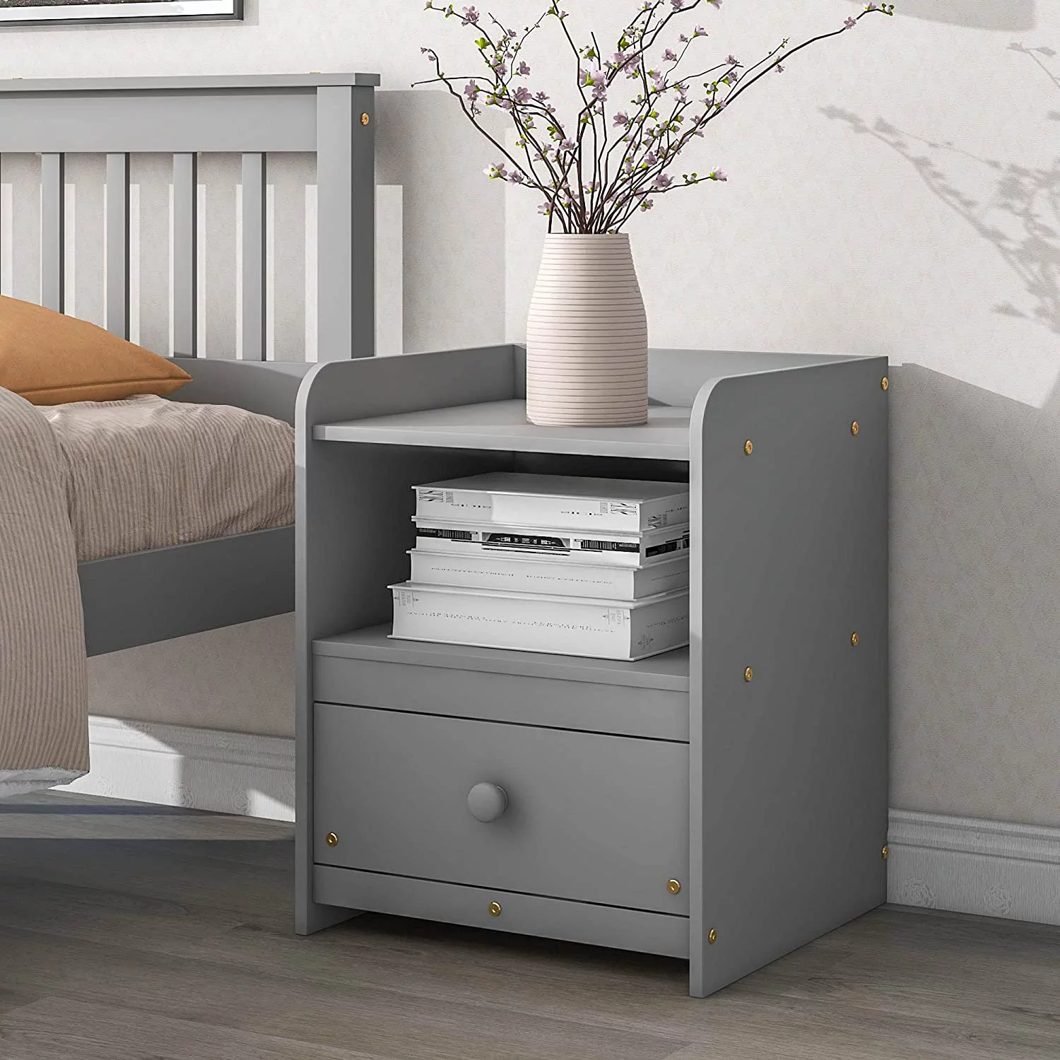 Full Bed Frame with Nightstand Full Size Bed Frame for Kids, Teens, Adults with Slats, Headboard & Footboard, Wood Full Size Platform Bed for Bedroom Small Living Space, No Box Spring Needed-White