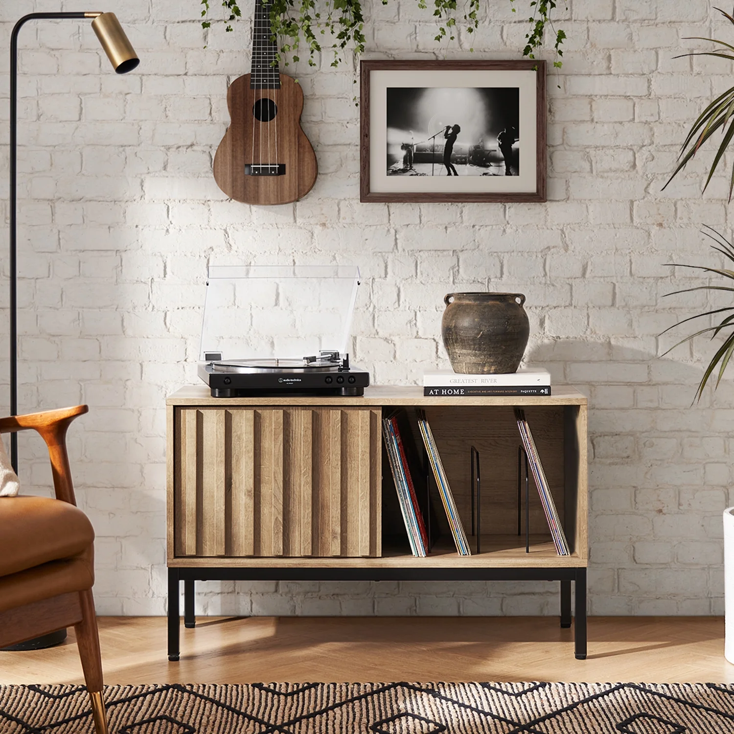 Mopio Norwin Record Player Stand with Vinyl Record Storage, Rustic Turntable Stand, Media Storage, Fluted Waveform Stereo Cabinet, Small TV Stand, Removable Dividers, Sturdy Metal Legs, Living Room